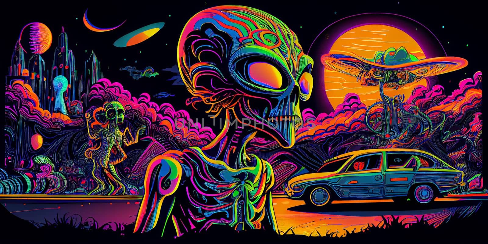 Psychedelic trippy alien cartoon 70s, rave style, acid color. Retrowave concept. AI Generative by lucia_fox