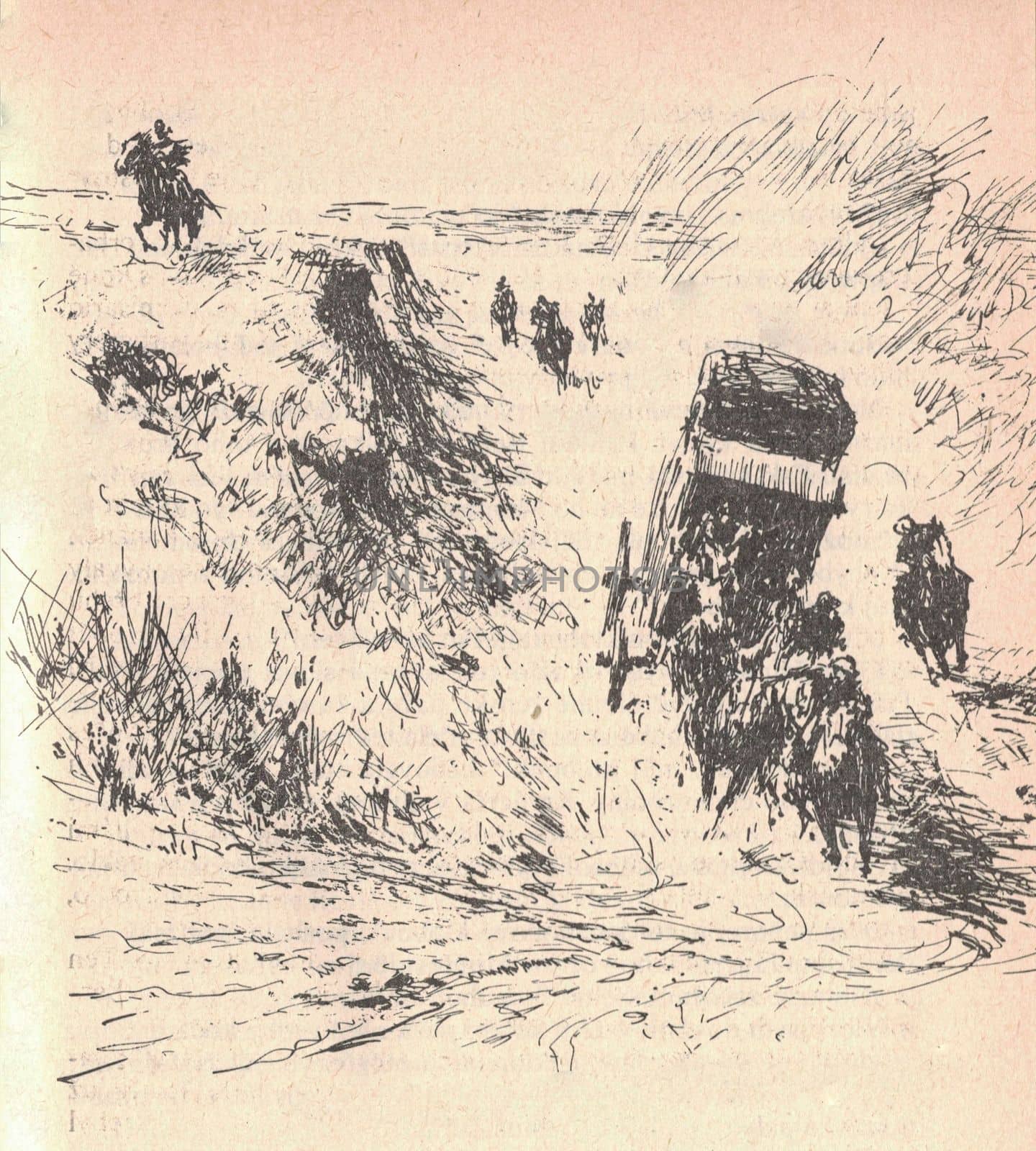 Black and white illustration shows a wild chase of a carriage in the 19th century. Drawing shows the Wild West life. Vintage black and white picture shows adventure life in the previous century by roman_nerud