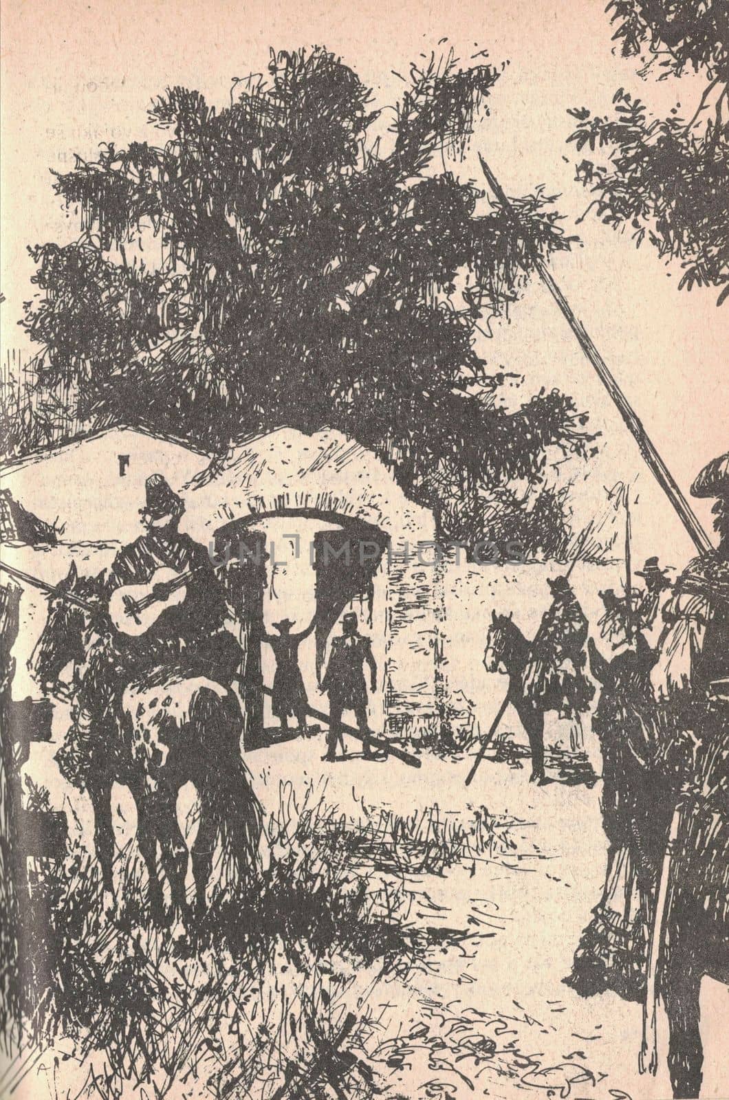Black and white illustration shows hunters in front of a South American ranch. Drawing shows the hunters. Vintage black and white picture shows adventure life in the previous century. Life in the 19th century.