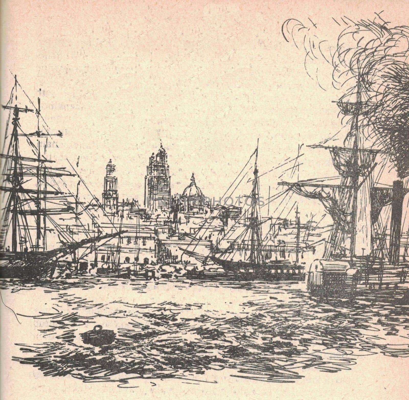 Black and white illustration shows a port in a South American city. Drawing shows a South American harbour. Vintage black and white picture shows adventure life in the previous century. Life in the 19th century by roman_nerud