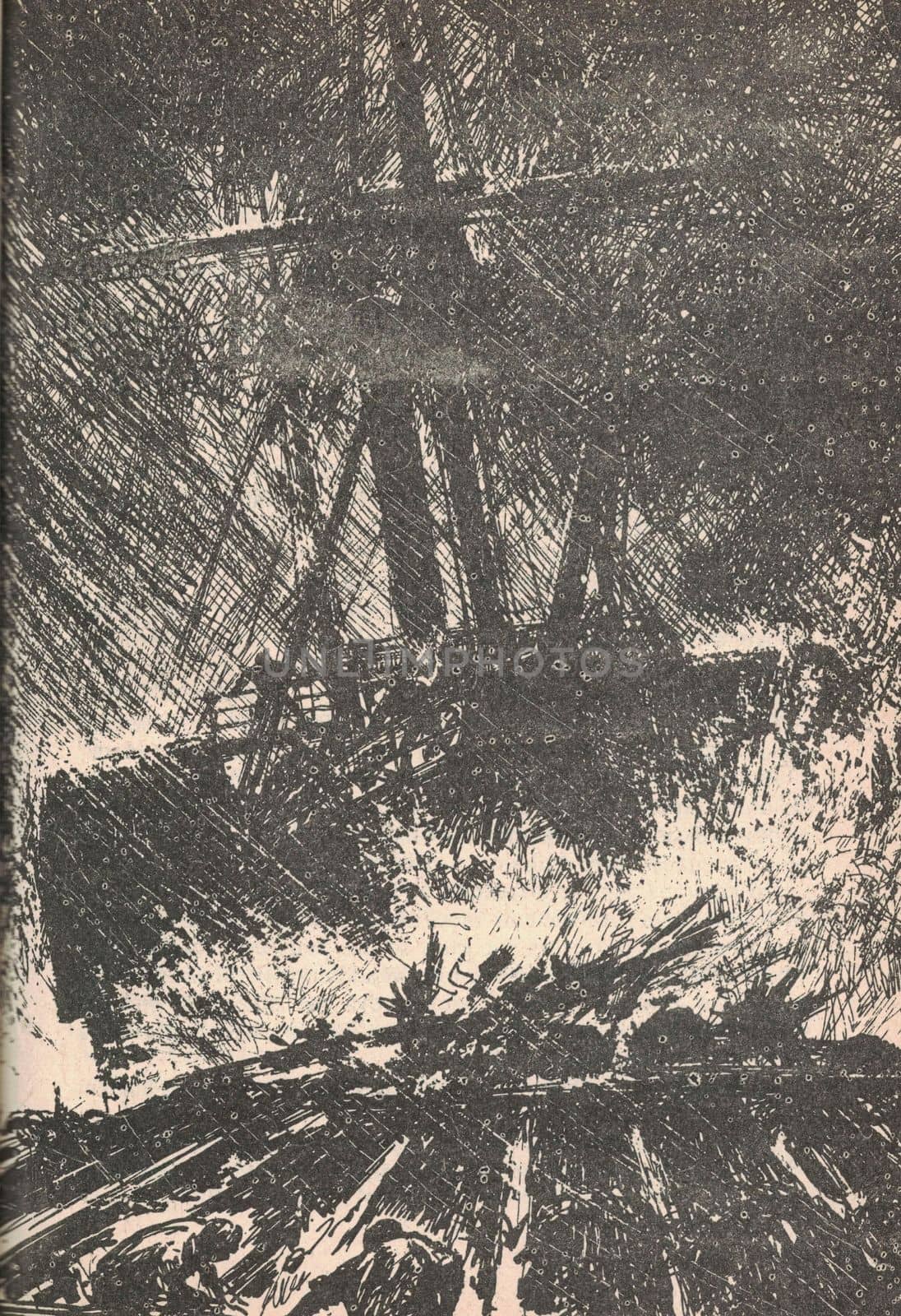 Black and white illustration shows a ship in a storm. Drawing shows a sailboat in a storm. Vintage black and white picture shows adventure life in the previous century. Life in the 19th century by roman_nerud