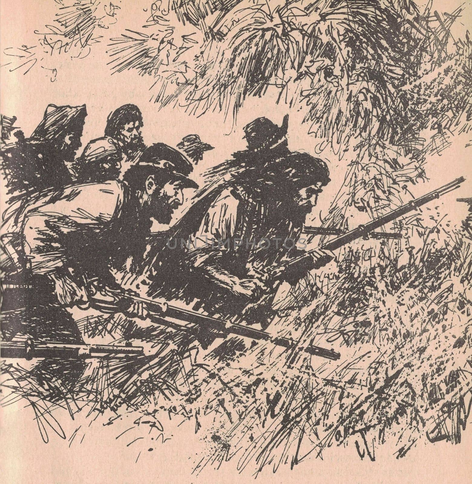 Black and white illustration shows hunters in the jungle. Drawing shows a hunters in South American rainforest. Vintage black and white picture shows adventure life in the previous century. Life in the 19th century by roman_nerud