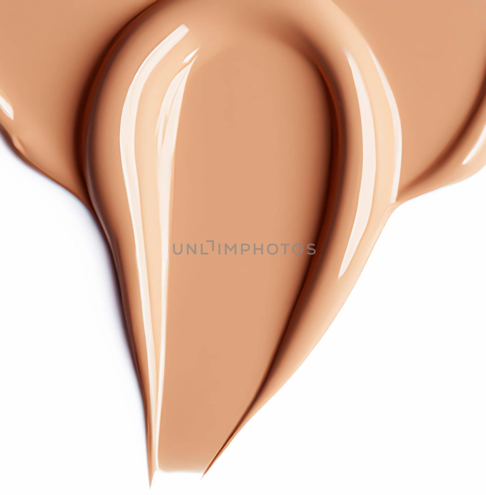 Beauty swatch and cosmetics texture, beige liquid cosmetic foundation smudge isolated on white background, generative AI.