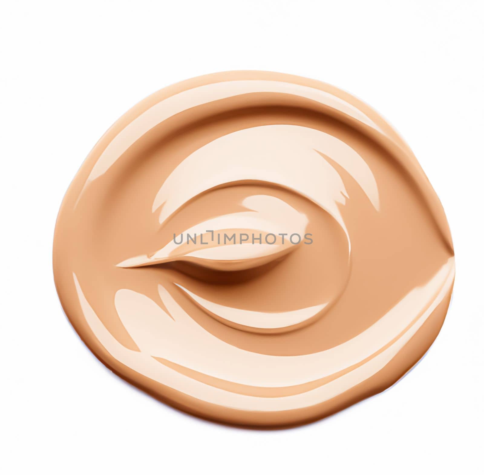 Beauty swatch and cosmetics texture, circle round beige liquid cosmetic foundation sample isolated on white background, generative AI by Anneleven