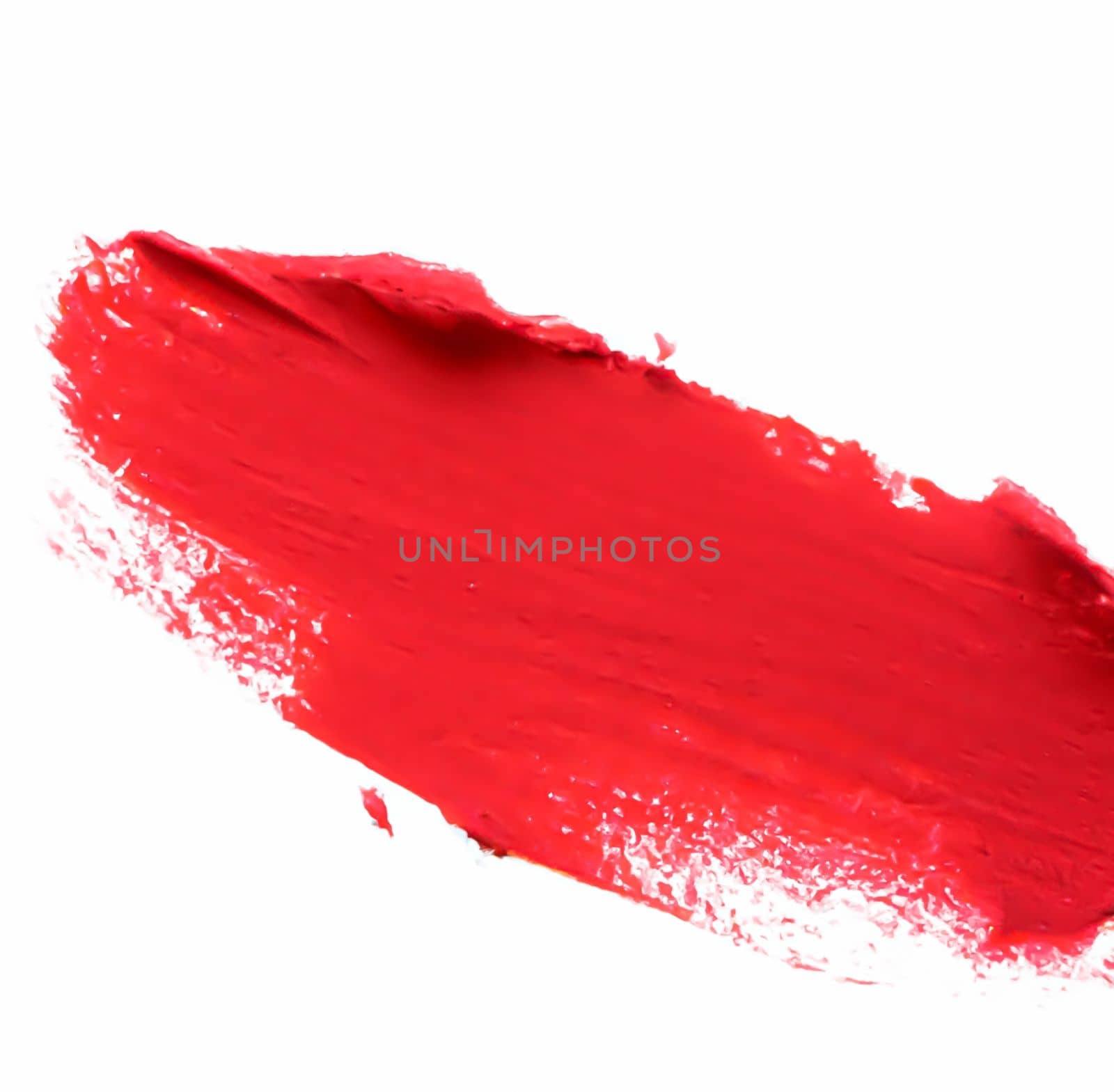 Beauty swatch and cosmetics texture, red lipstick or lip gloss cosmetic smudge isolated on white background, generative AI.