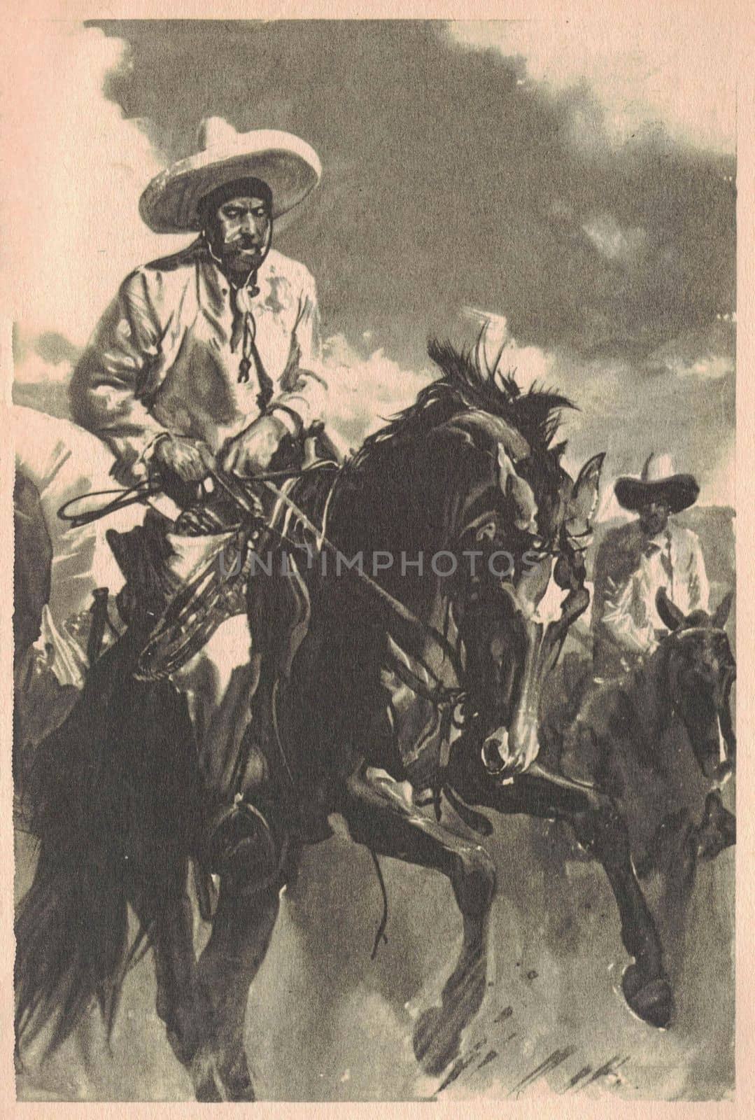 Black and white illustration shows Mexicans on horseback. Drawing shows the Wild West. Vintage black and white picture shows adventure life in the previous century by roman_nerud