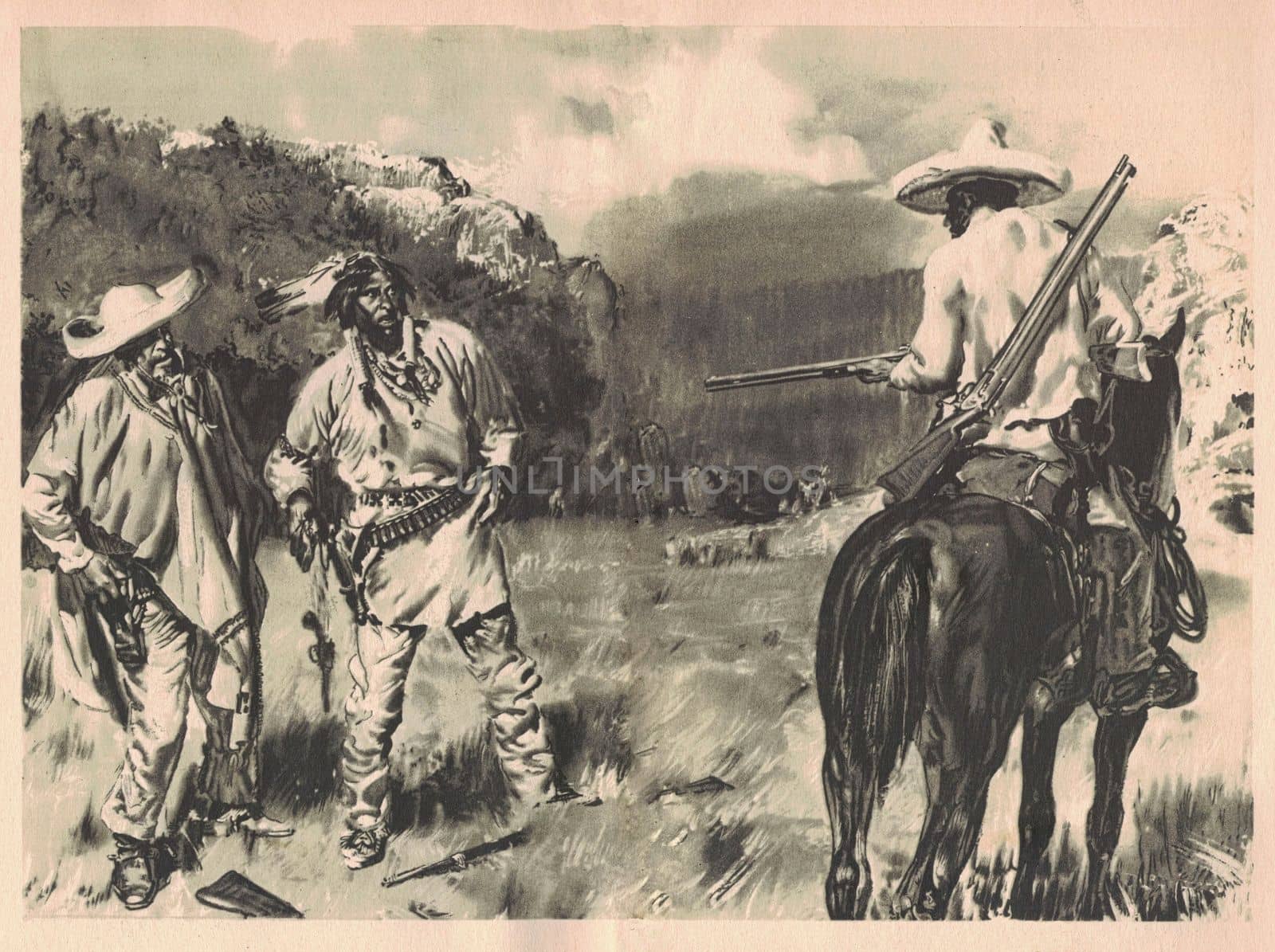 Black and white illustration shows a skirmish between a Mexican and an Amerindian. Drawing shows the Wild West. Vintage black and white picture shows adventure life in the previous century by roman_nerud