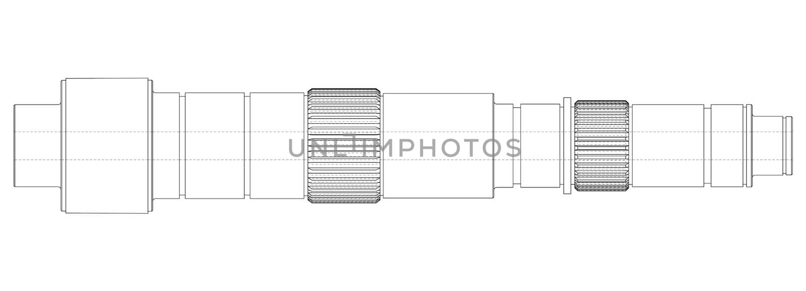 Shaft with gear wheel. 3d illustration. Wire-frame style