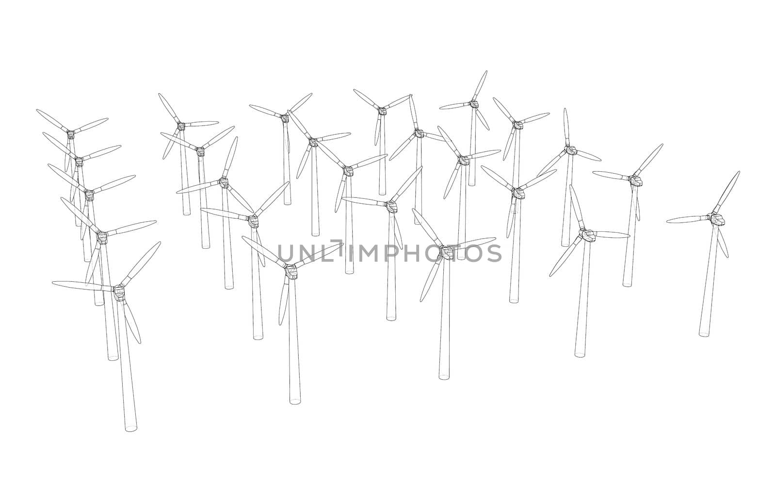 Wind turbines on white. 3d illustration. Wire-frame style