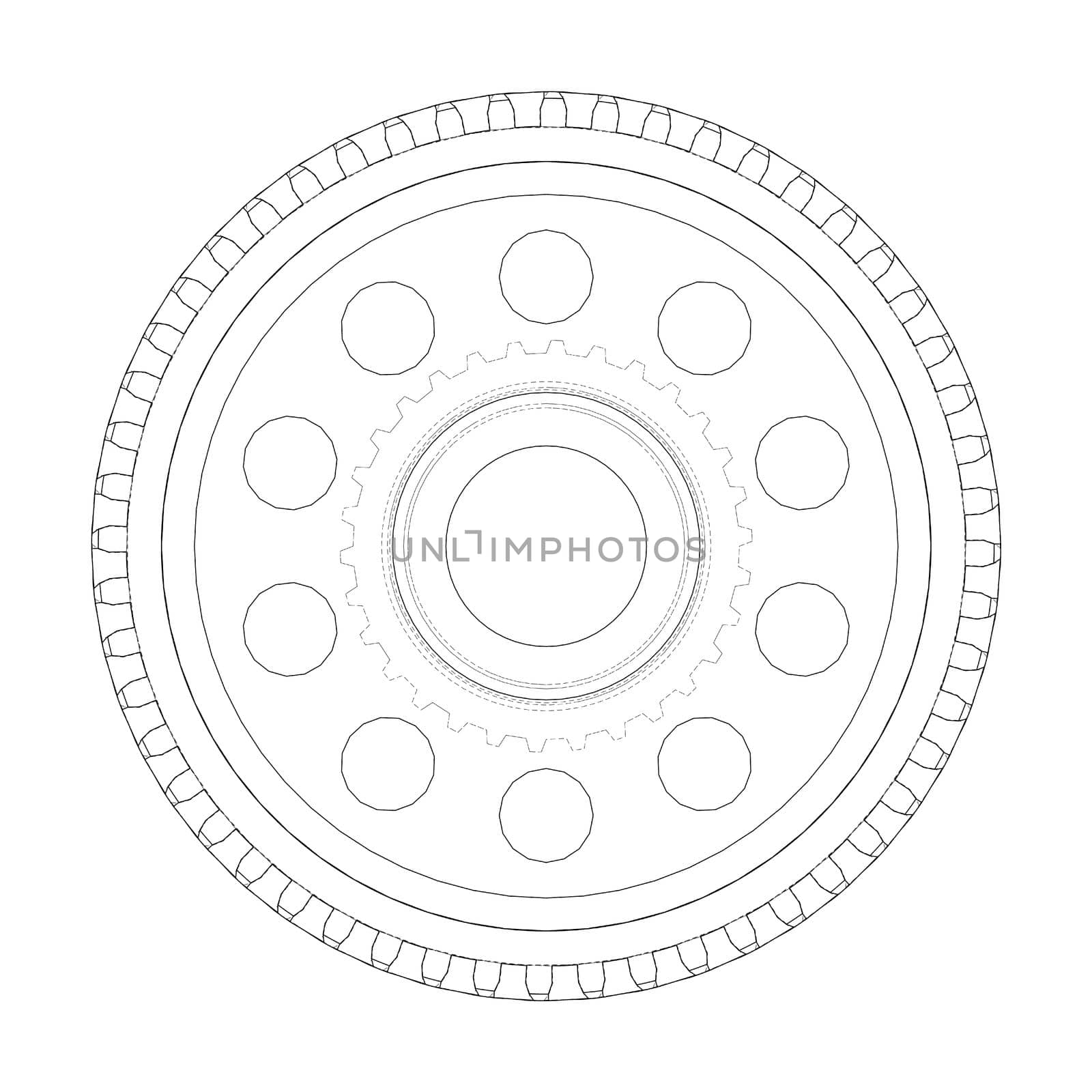 Gear wheel on white. 3d illustration. Wire-frame style. Front view