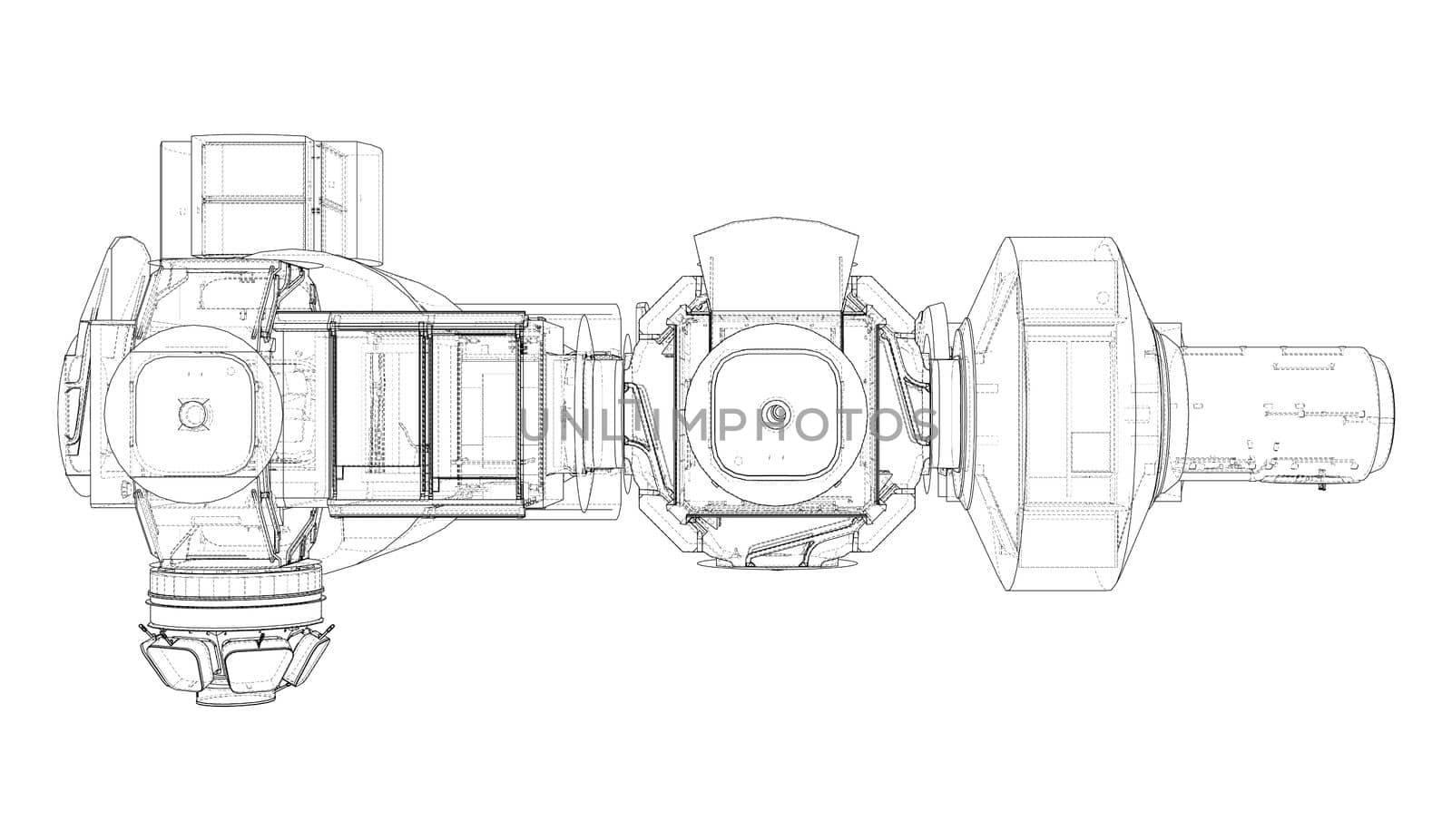 Abstract Spaceship or Space Station Outline. 3d illustration. Space Technology