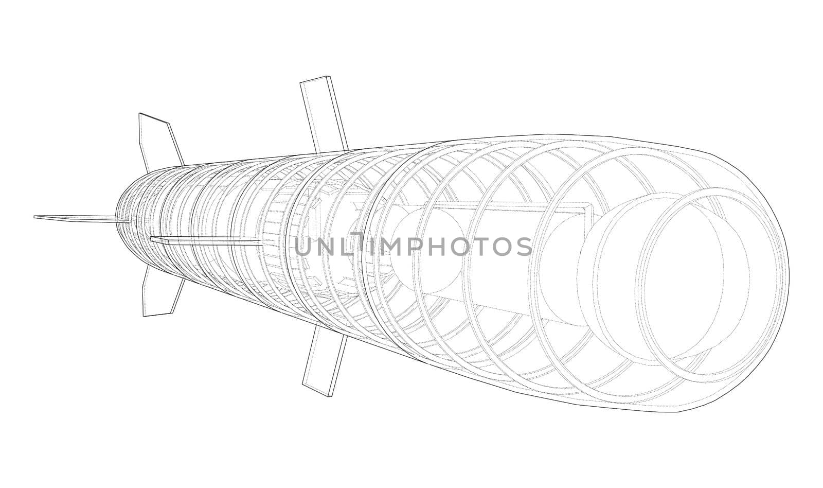 Military missile army rocket. Military concept. 3d illustration. Wire-frame style