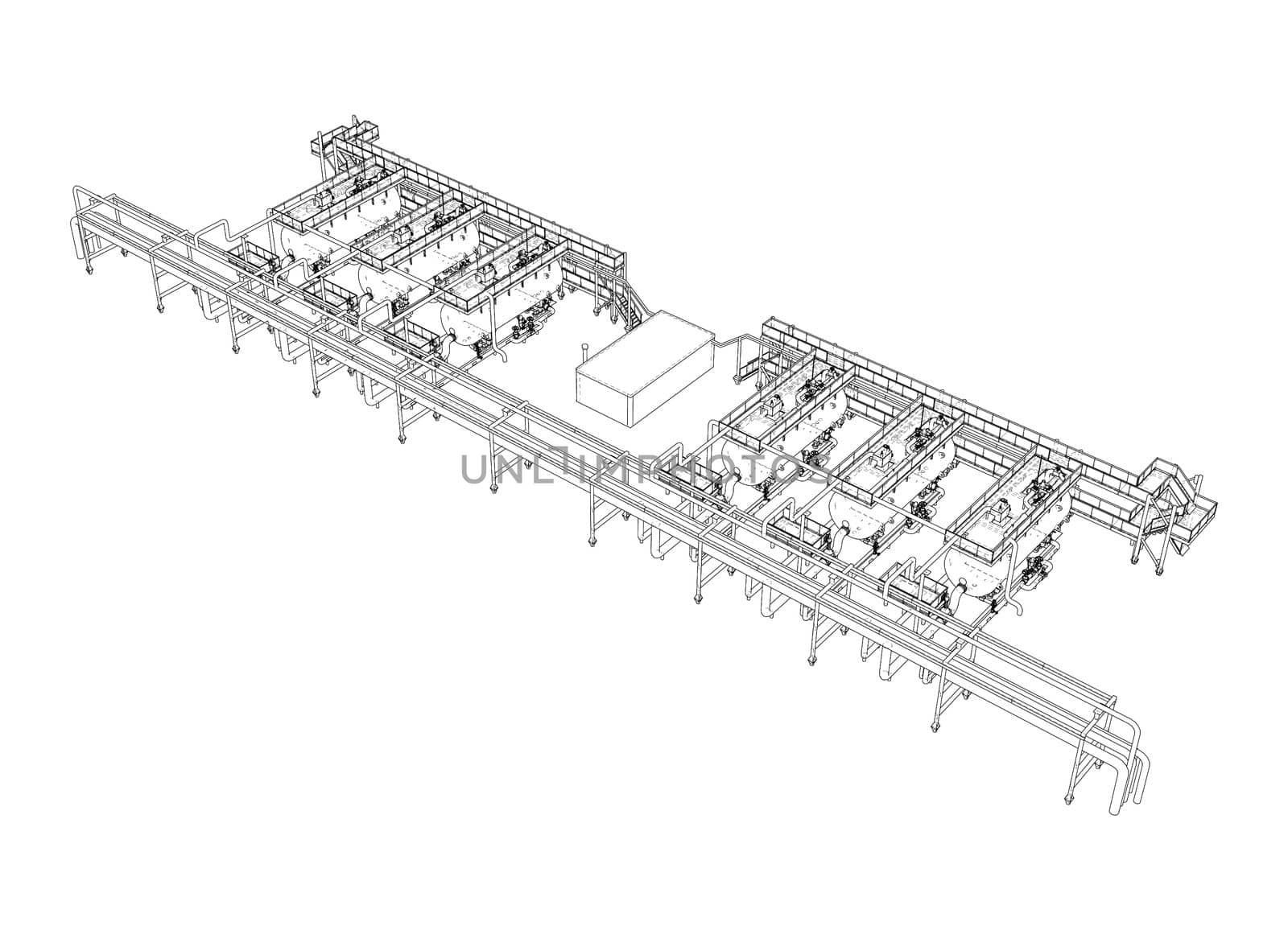 Sketch of industrial equipment. 3d illustration. Wire-frame style