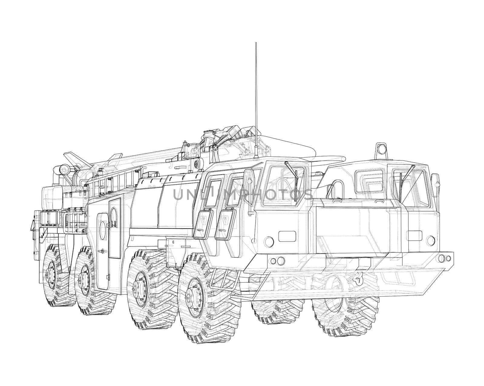 Army Rocket artillery system. Military concept. 3d illustration. Wire-frame style