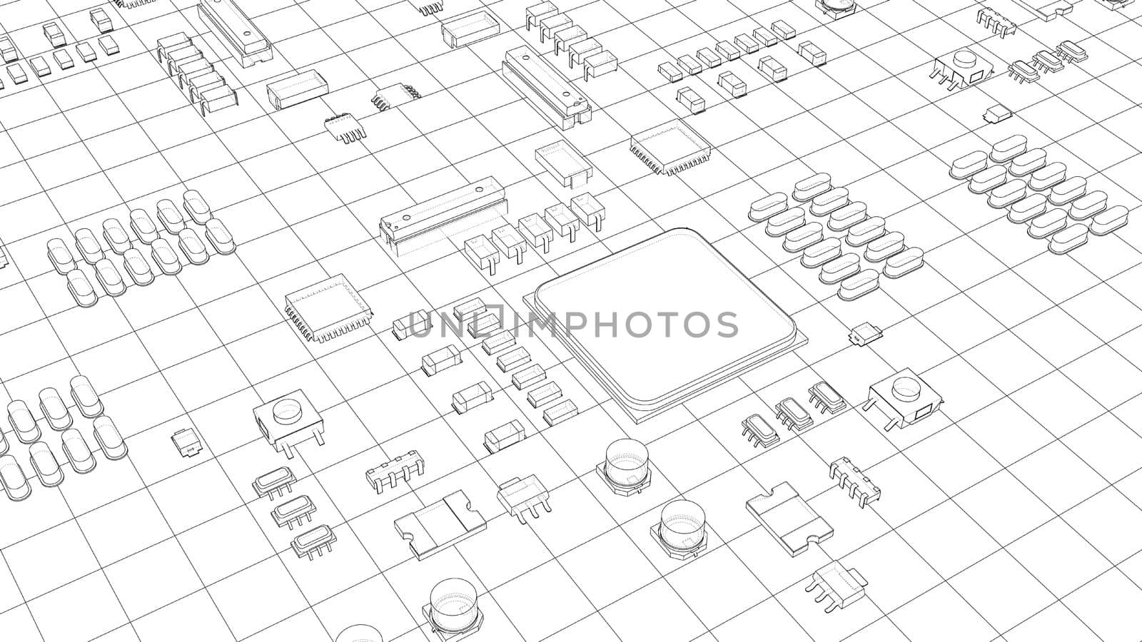 Electric circuit board, various chips and electronic components. 3d illustration. Wire-frame style