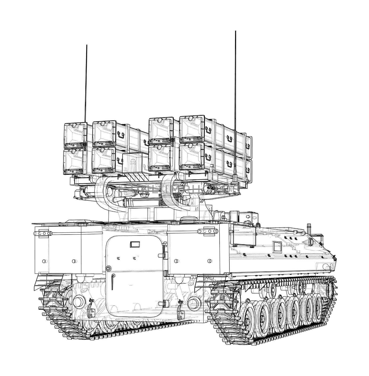 Military track missle system. 3d illustration. Wire-frame style