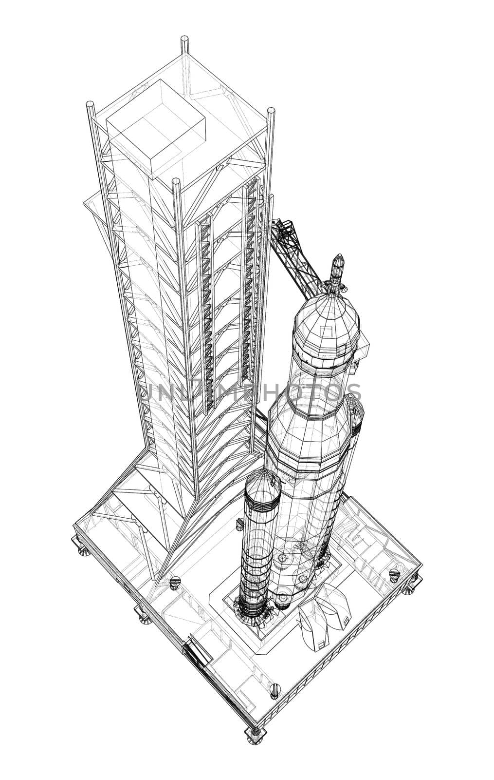 Space Rocket on launch pad. 3d illustration. Wire-frame style. Elements of this image furnished by NASA