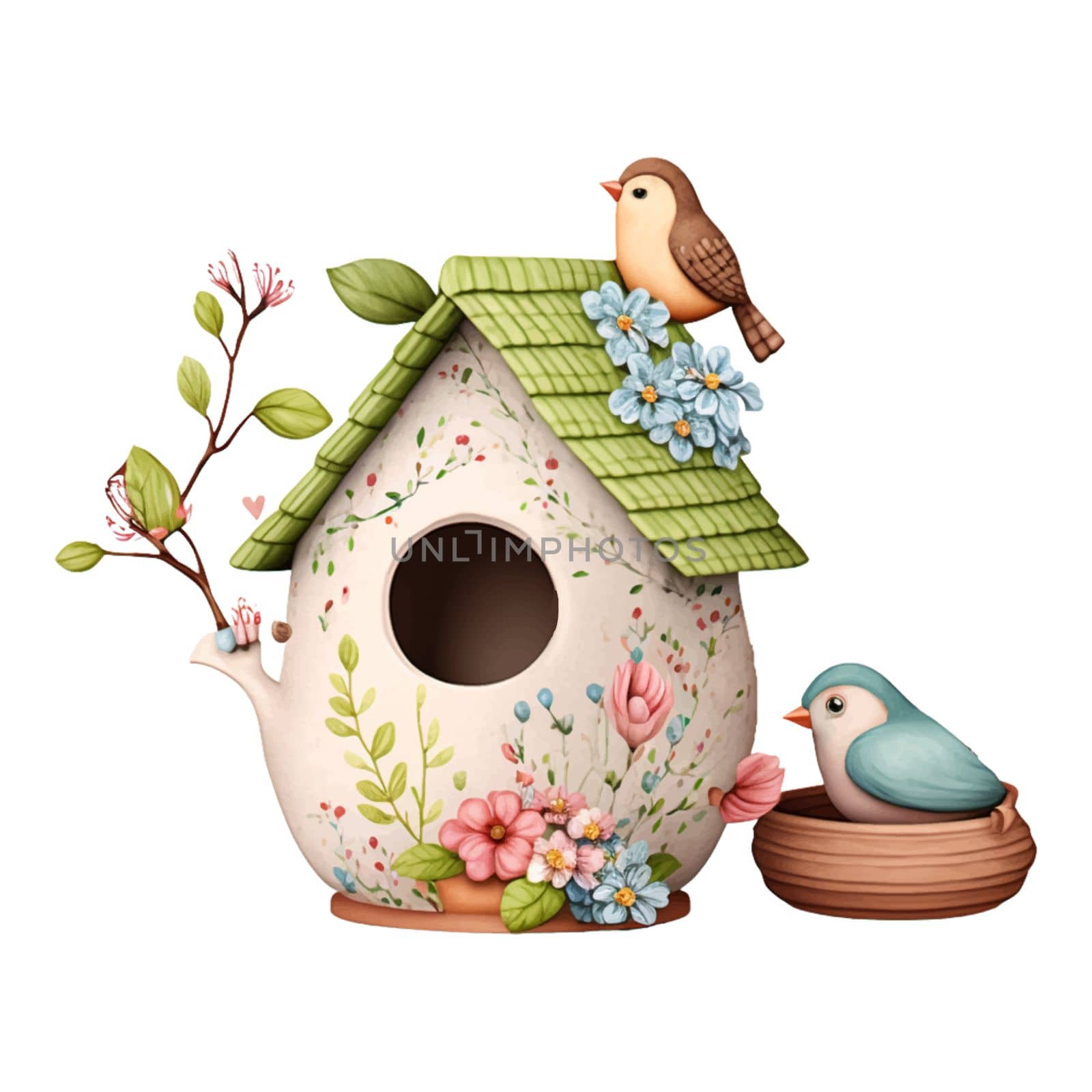 Spring Love Flowers Clay Pot Watercolor Illustration. Lovely Bird Clay House decoration watercolor illustration with spring flowers.