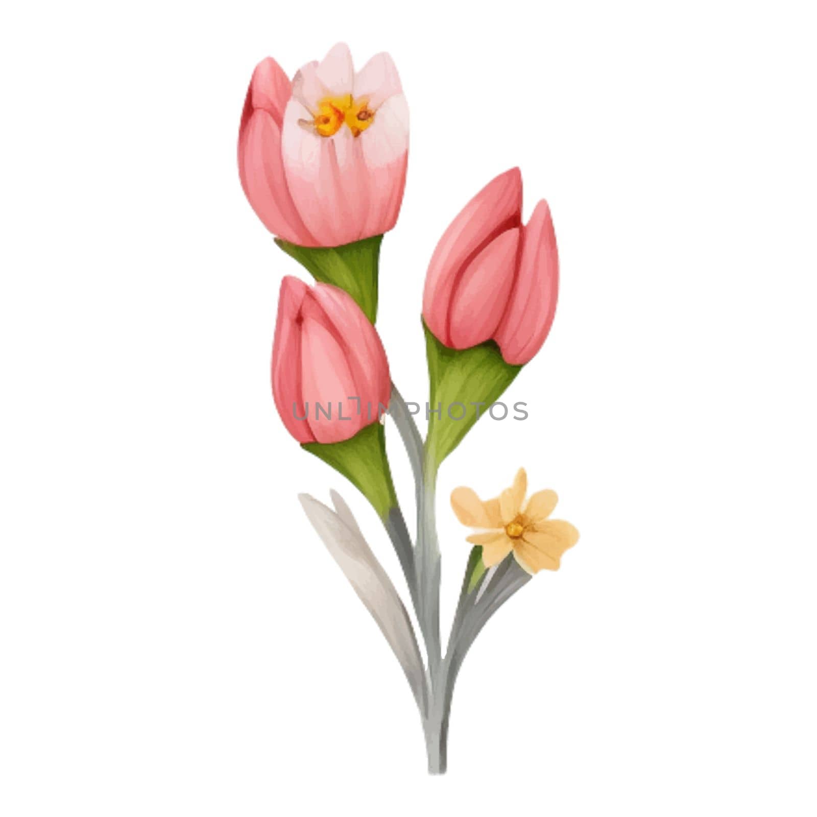 Spring Love Flowers Watercolor Illustration. Lovely Pink Pastel Flowers Spring decoration watercolor design elements.