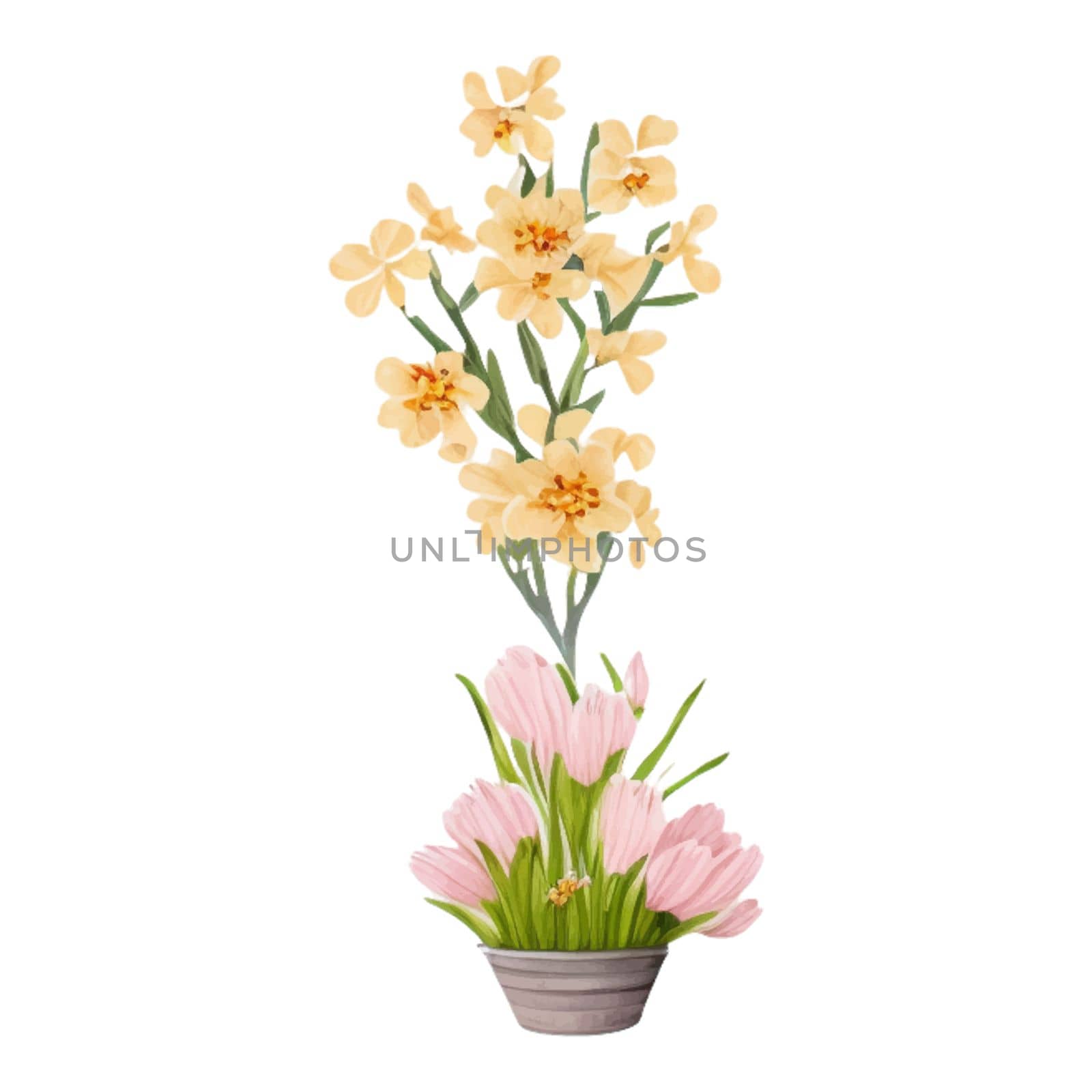 Spring Love Flowers Watercolor Illustration. Lovely Pink Pastel Flowers Spring decoration watercolor design elements.