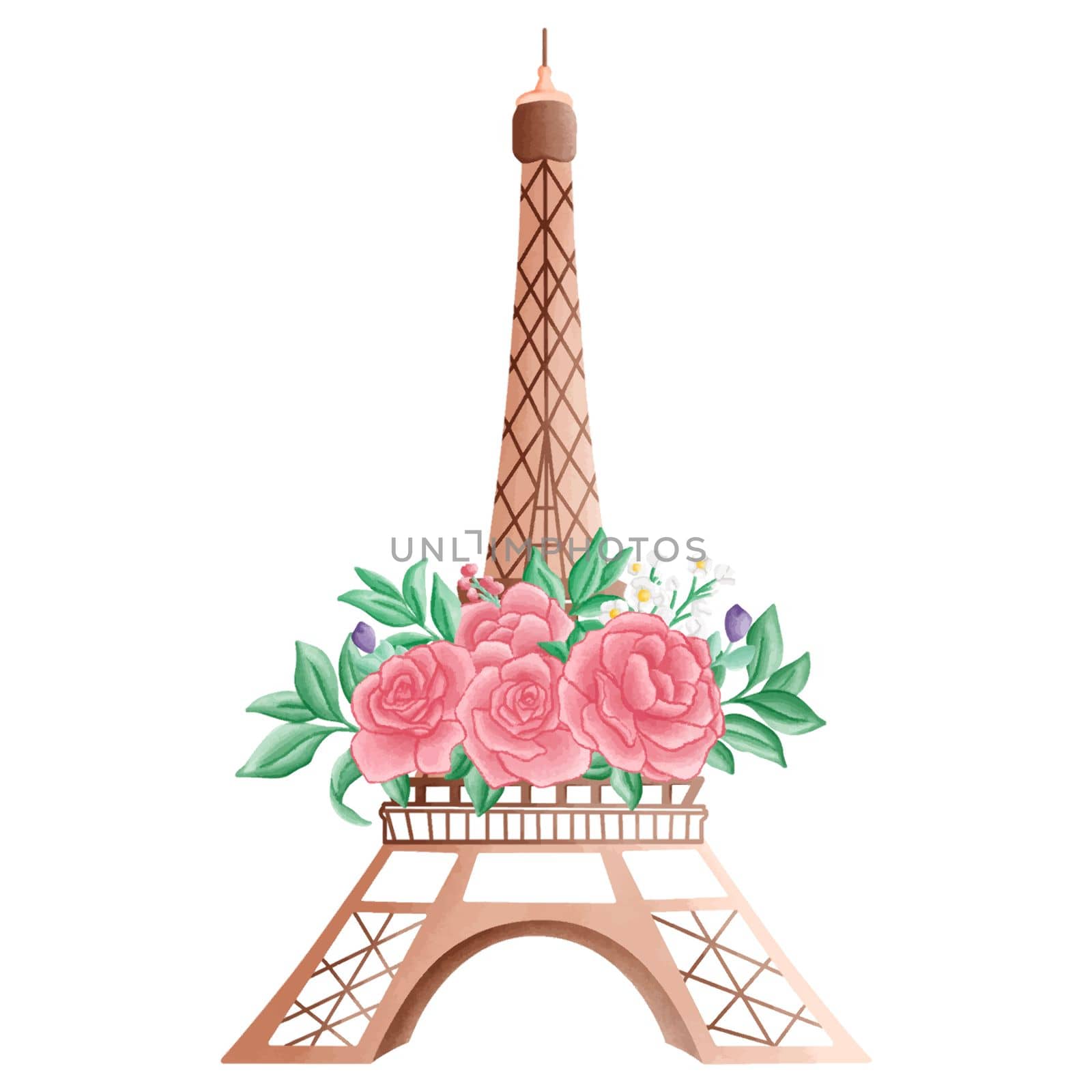 Romantic Eifffel Tower Watercolor Clipart PNG . Paris In Love with lovely pastel Eiffel Tower with roses flowers for romantic design element, love art, wedding watercolor illustration.