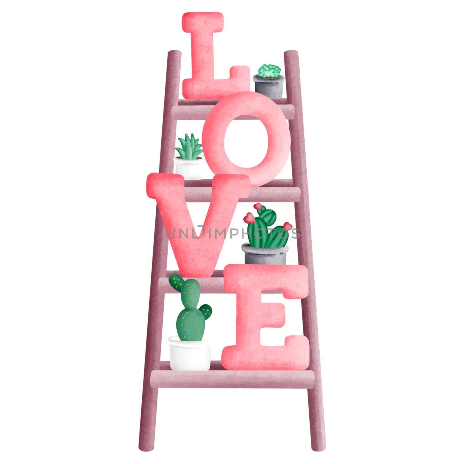 Pink Pastel Love Ladder Cute Cactus Romantic Watercolor Clipart PNG. Paris In Love collection with lovely pink Ladder with cactus pots for romantic design element, love art, wedding watercolor illustration.