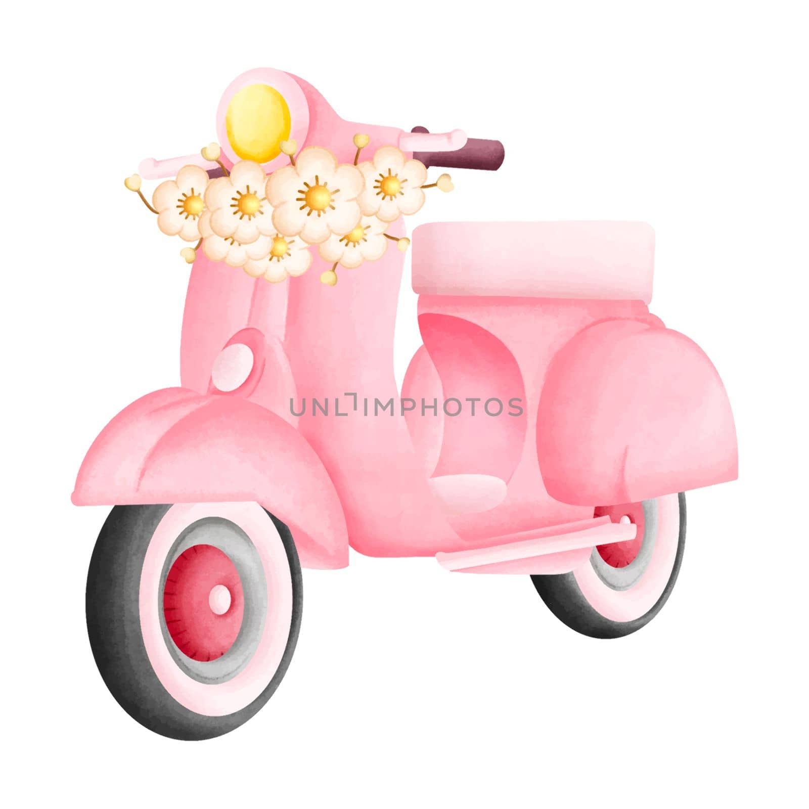 Pink Pastel Vintage Love Bike Cute Romantic Watercolor Clipart PNG. Paris In Love collection with lovely retro pink motorcycle for romantic design element, love art, wedding watercolor illustration.