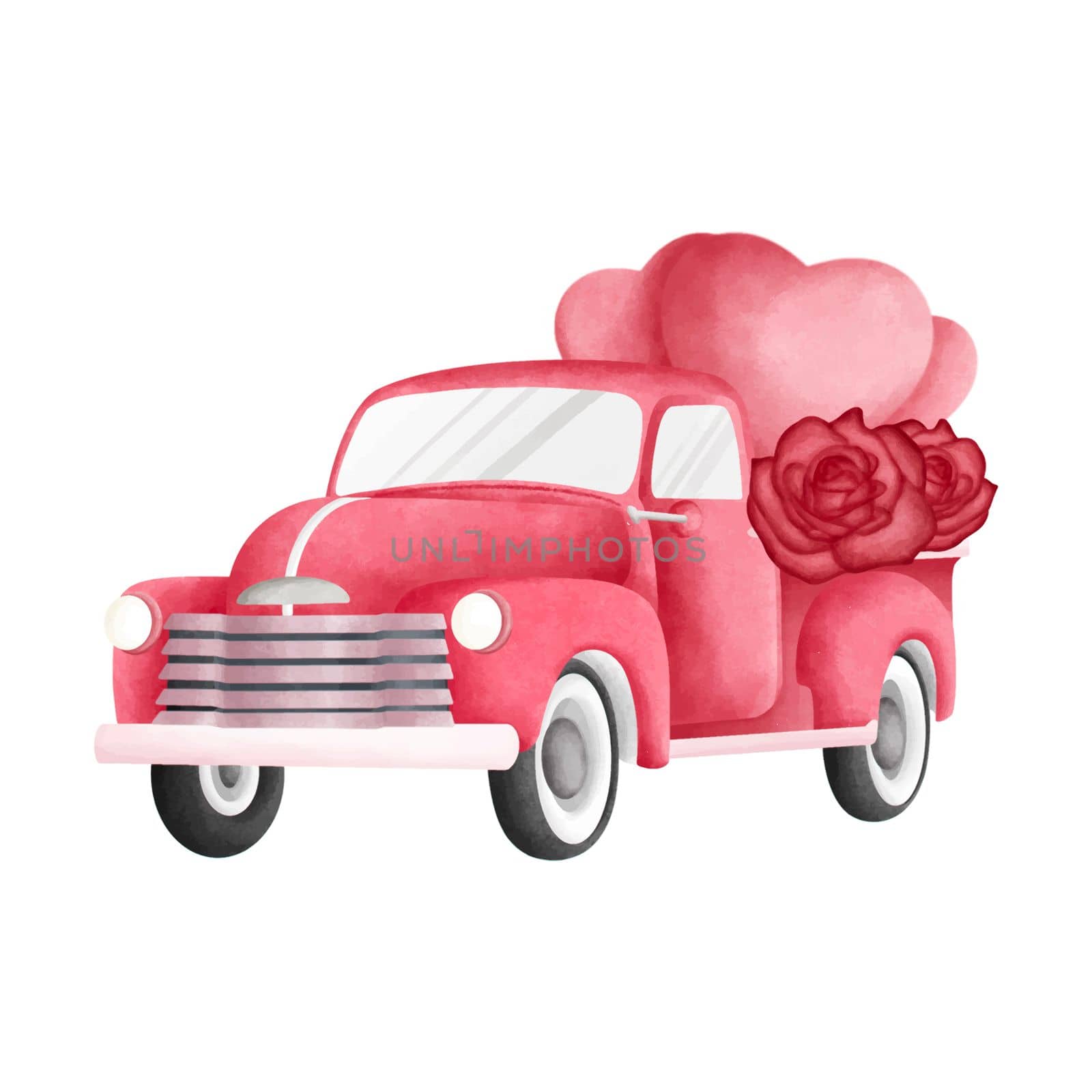 Red Love Truck  Cute Romantic Watercolor Clipart PNG. Paris In Love collection with lovely red truck with hearts and roses for romantic design element, love art, wedding watercolor illustration. by Skyecreativestudio