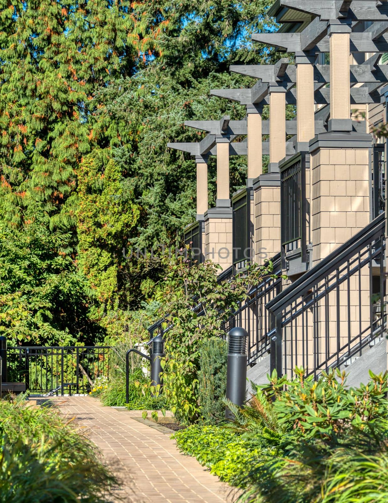 Porches of residential townhouses in a row with paved pathway in front.