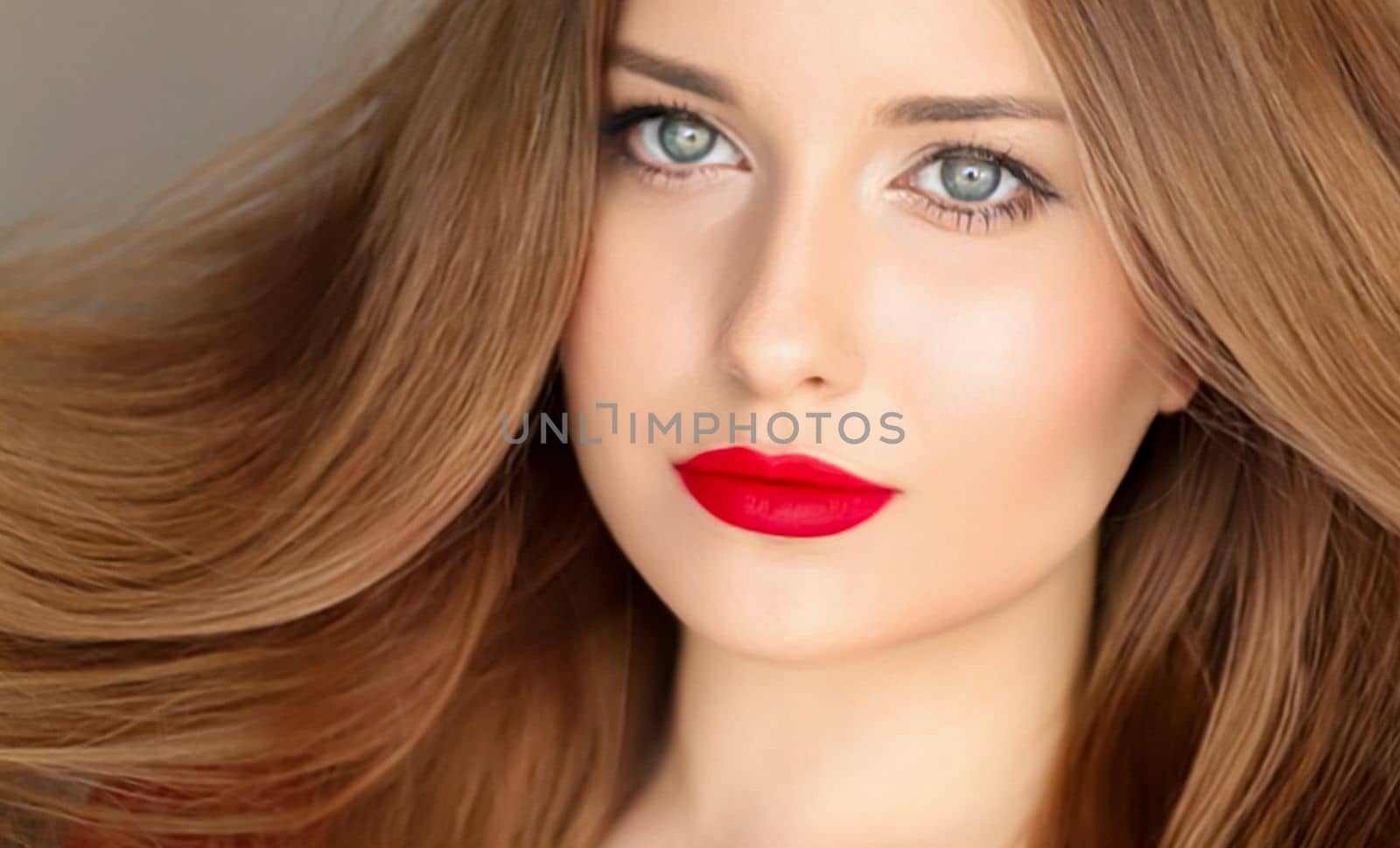 Hairstyle, beauty and hair care, beautiful woman with long healthy hair, model wearing matte red lipstick makeup, glamour portrait for hair salon and haircare.