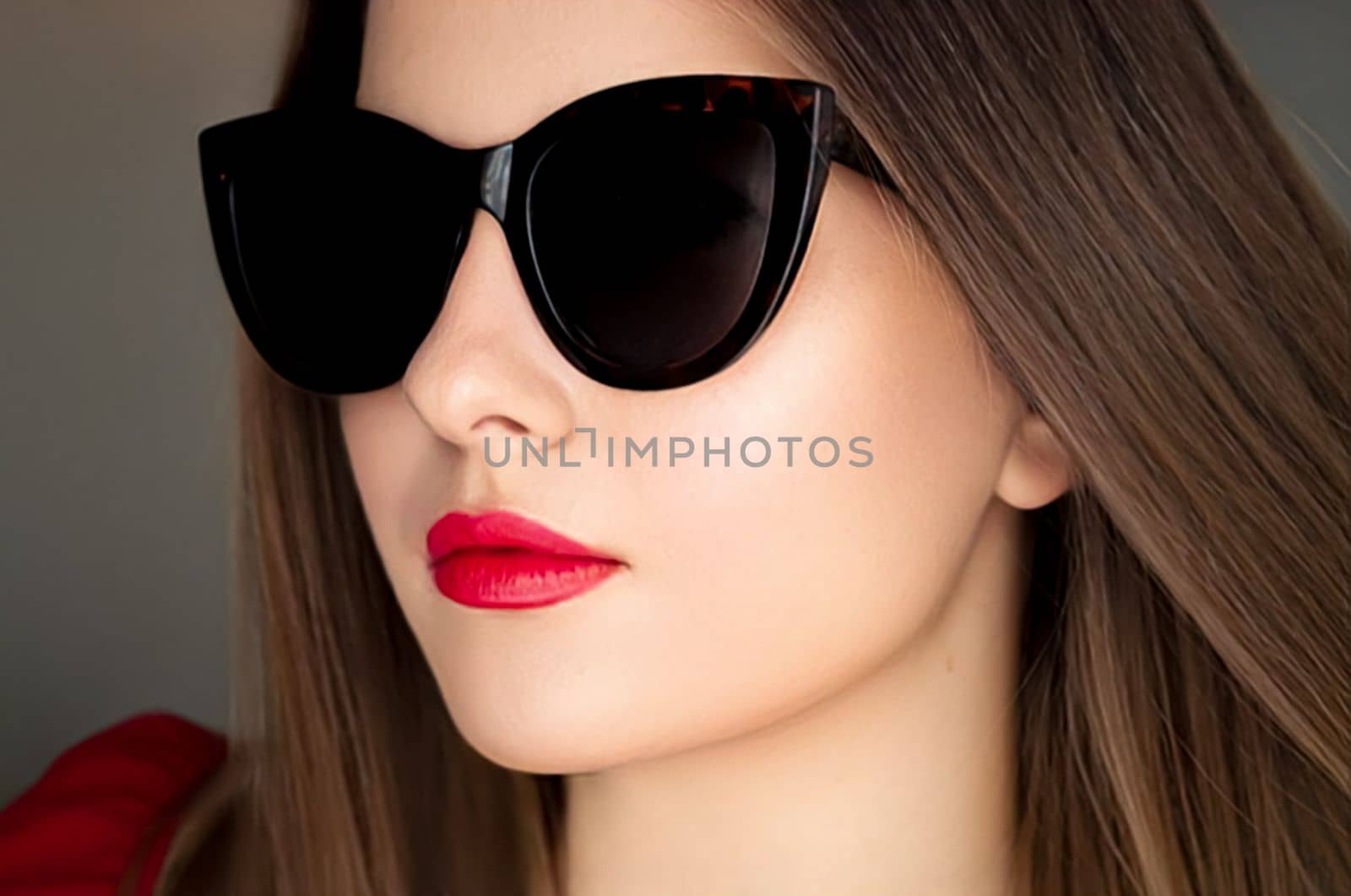 Beauty, fashion and style, face portrait of beautiful woman wearing stylish cat eye sunglasses and red lipstick make-up, luxury accessory and summer lifestyle, glamour and chic look by Anneleven