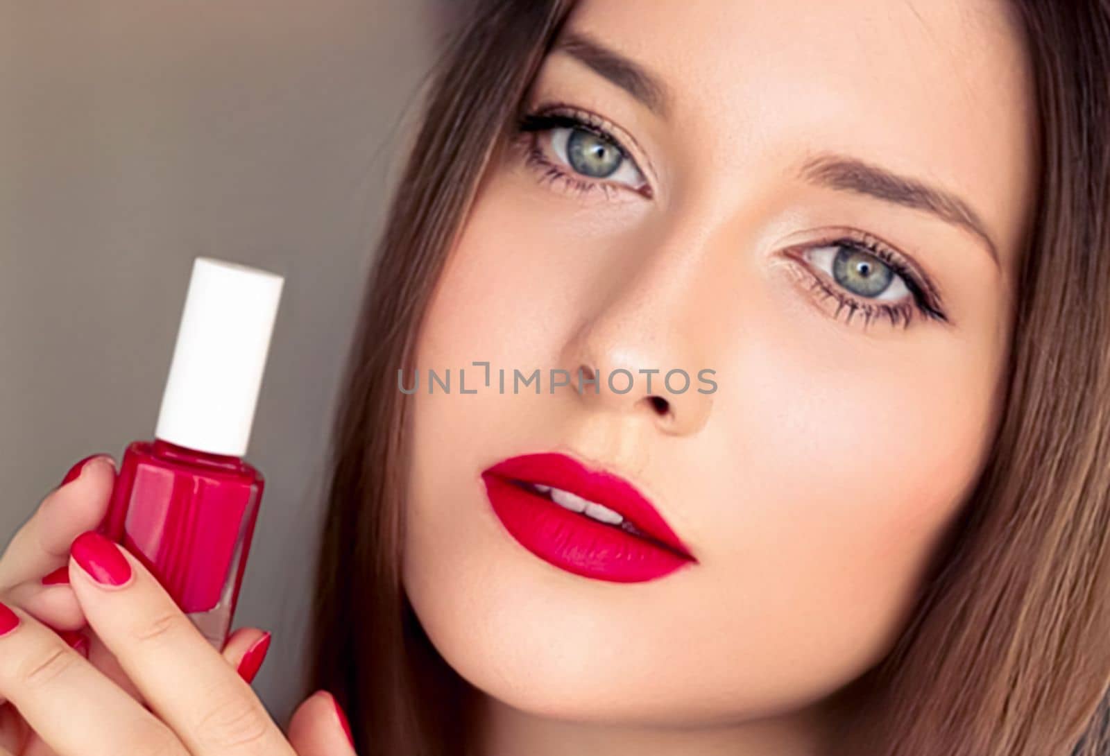 Beauty product, makeup and cosmetics, face portrait of beautiful woman with nail polish, manicure and matching red lipstick make-up for luxury cosmetic, style and fashion by Anneleven