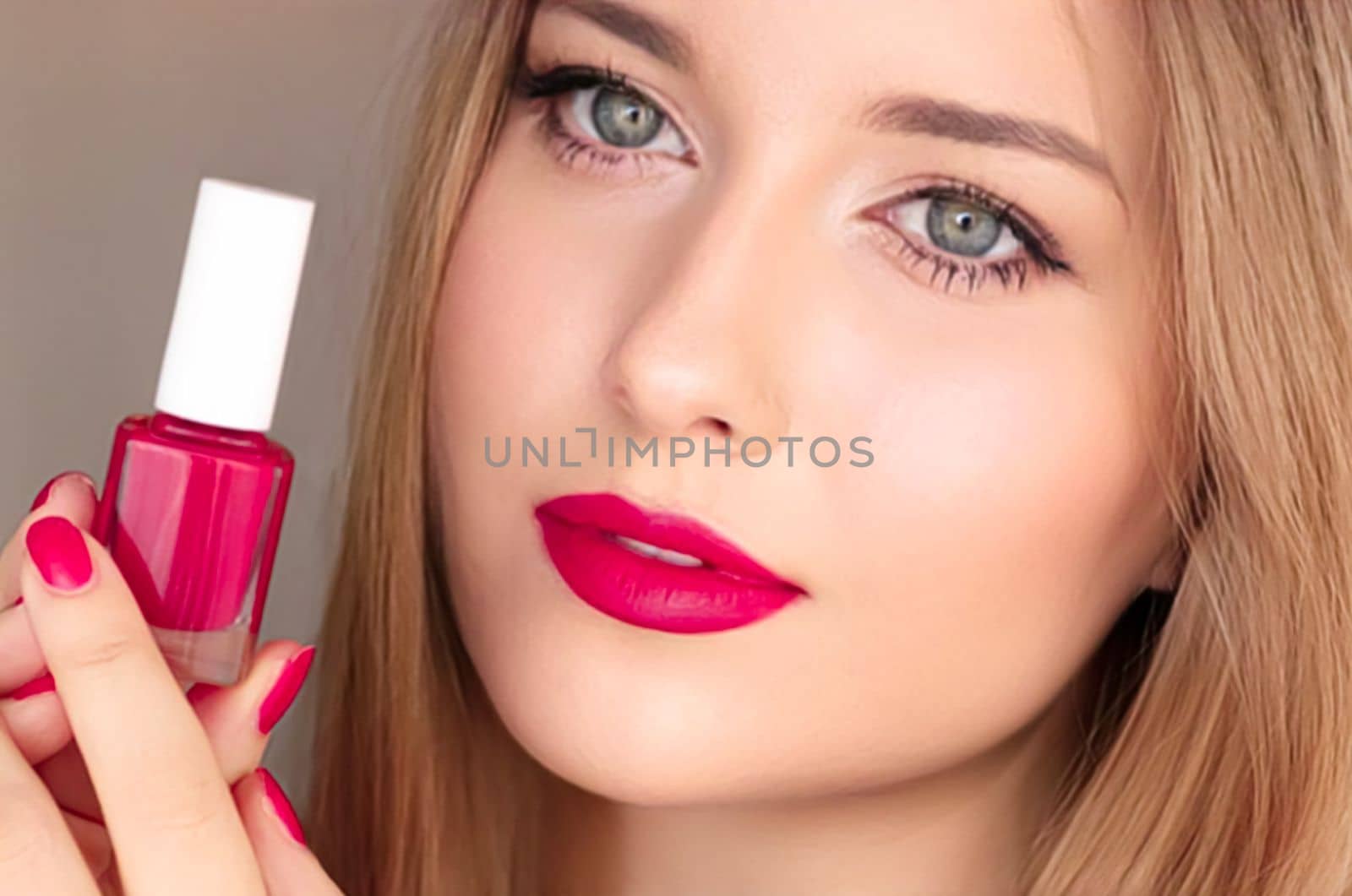 Beauty product, makeup and cosmetics, face portrait of beautiful woman with nail polish, manicure and matching pink lipstick make-up for luxury cosmetic, style and fashion by Anneleven