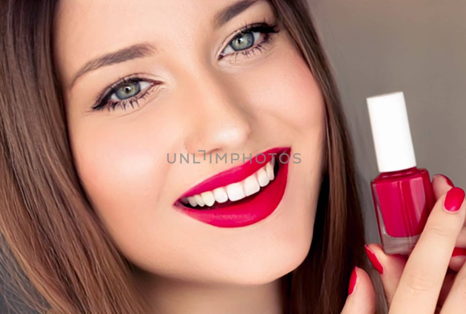 Beauty product, makeup and cosmetics, face portrait of beautiful woman with nail polish, manicure and matching red lipstick make-up for luxury cosmetic, style and fashion.