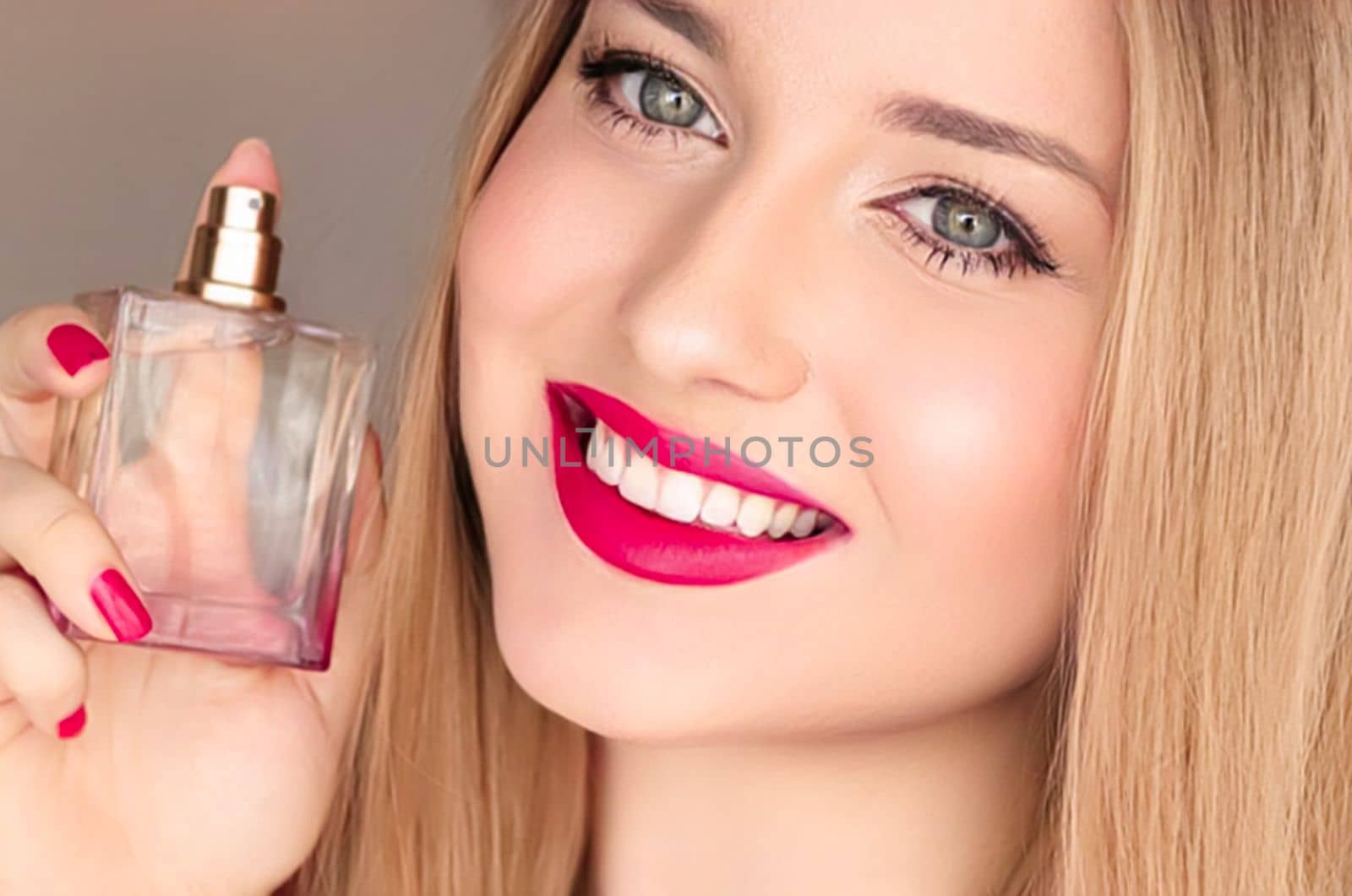 Beauty product, perfume and cosmetics, face portrait of beautiful woman with perfume or fragrance bottle of floral scent for luxury cosmetic, glamour and fashion by Anneleven