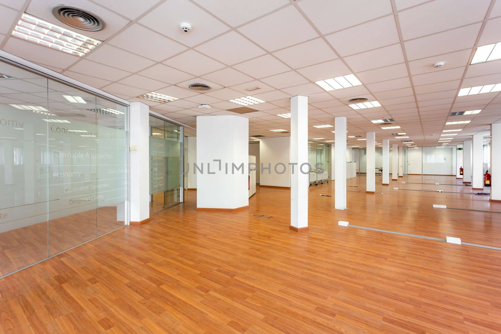 Large empty space with ceiling tiles, fluorescent lights, light brown laminate flooring and white painted columns. Large office space for rent just renovated and unfurnished by apavlin