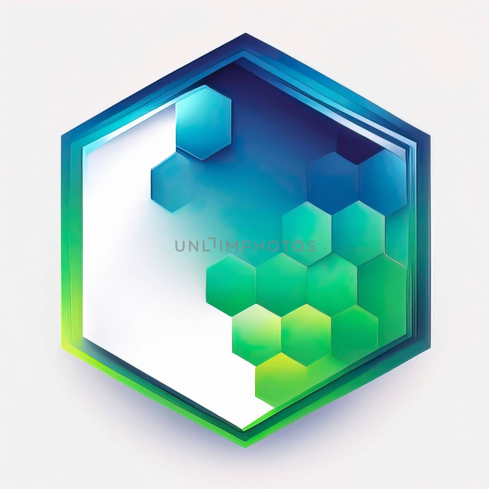 a hexagon geometric gradient logo, green and blue, futuristic, white background by igor010