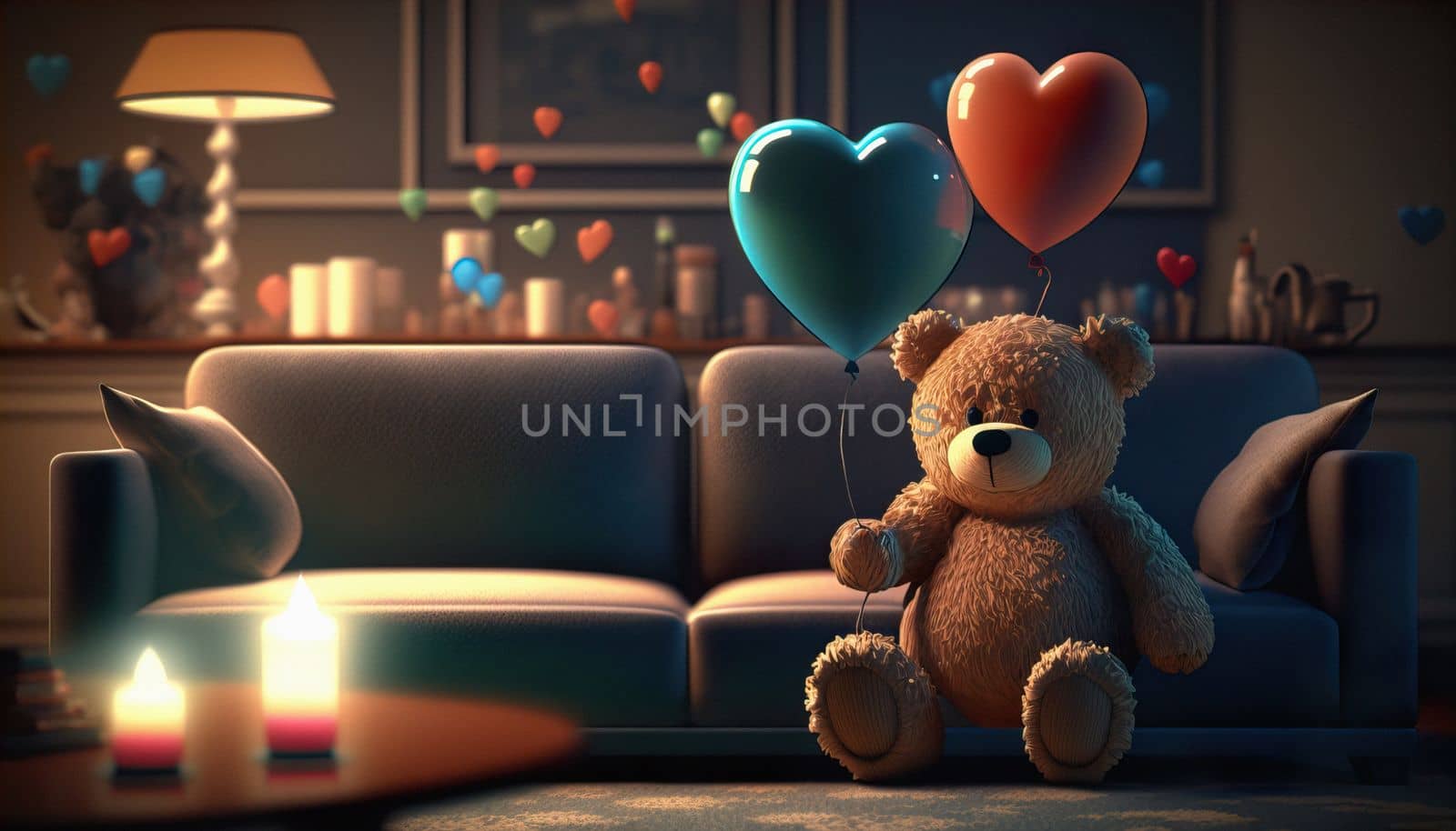 Teddy bear with a magic heart and a balloon, candle, magic shiny background in cozy living room. Background for greeting card Happy Birthday. Download image