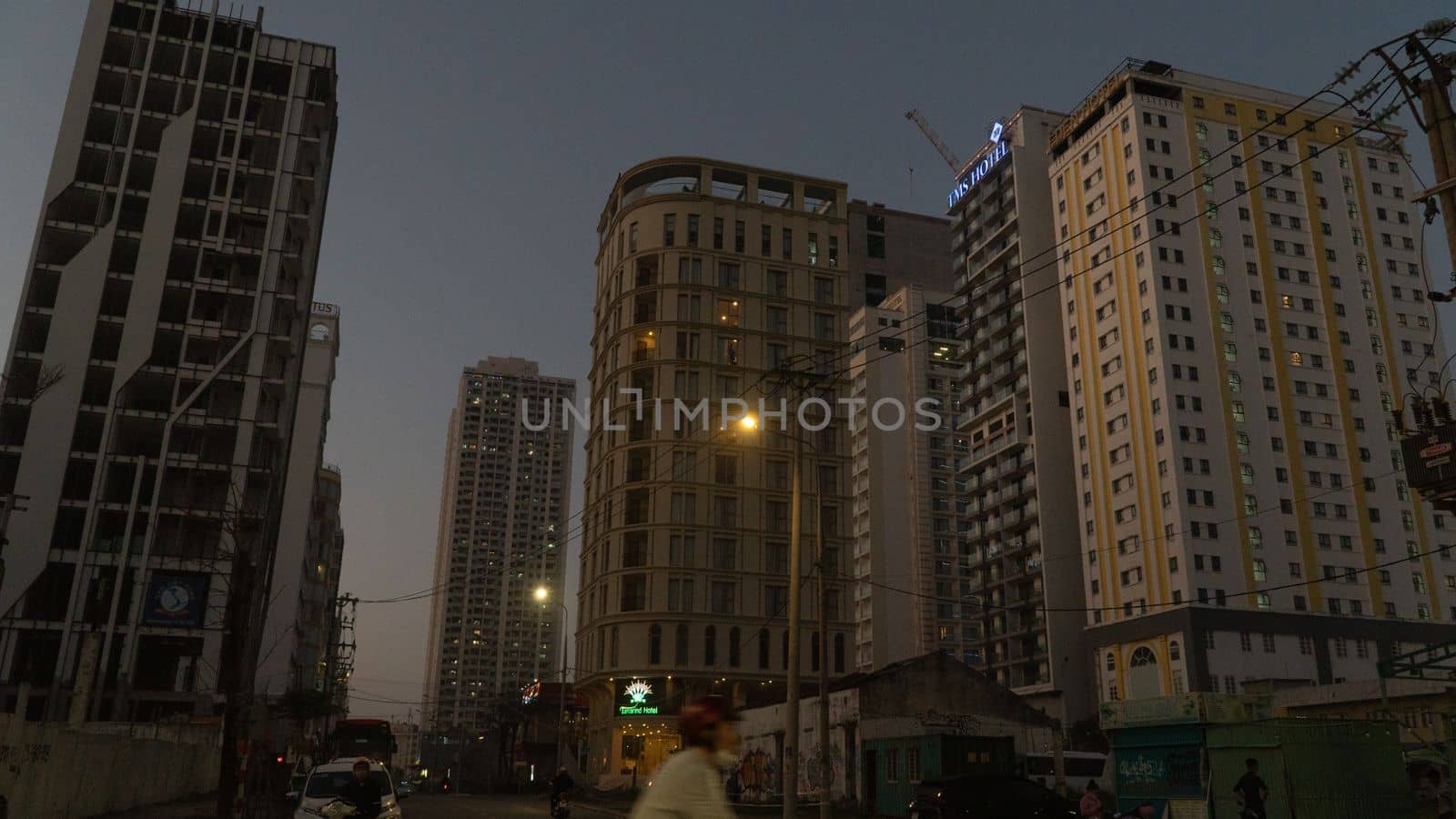 Evening metropolis, a city street in the evening with lanterns. High quality photo