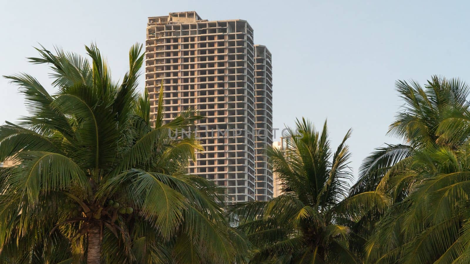 Construction of a tall building against a backdrop of palm trees and sky, unfinished urban architecture. High quality photo