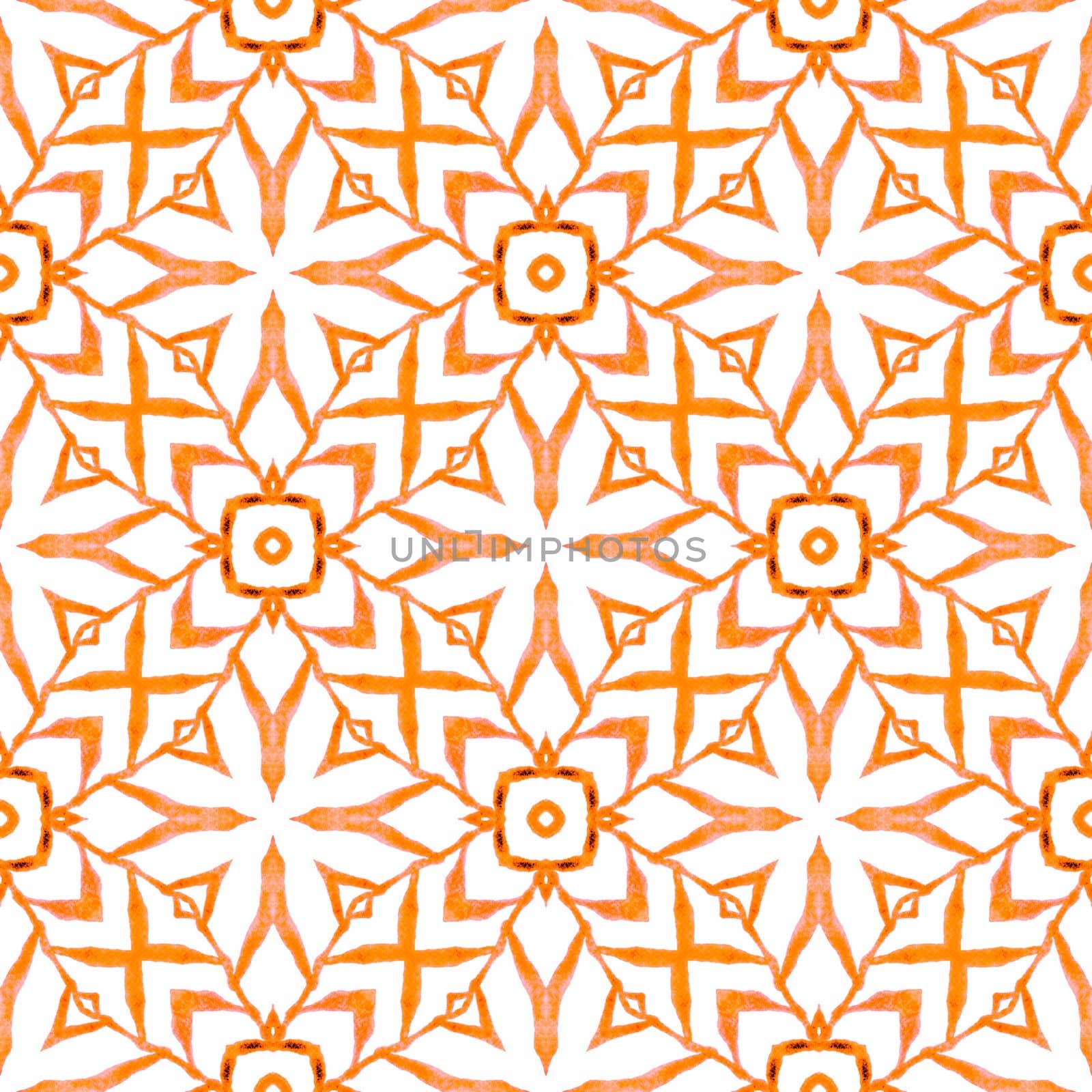 Mosaic seamless pattern. Orange symmetrical boho chic summer design. Hand drawn green mosaic seamless border. Textile ready delightful print, swimwear fabric, wallpaper, wrapping.