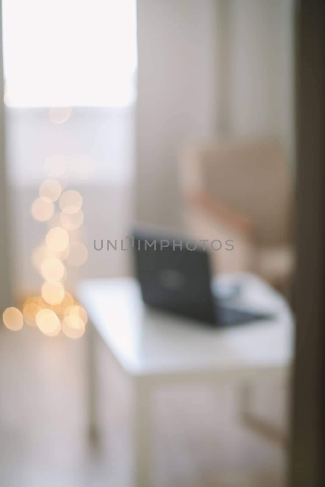 Freelance, working at home office, keyboard close up. Close up of laptop keyboard with blank screen