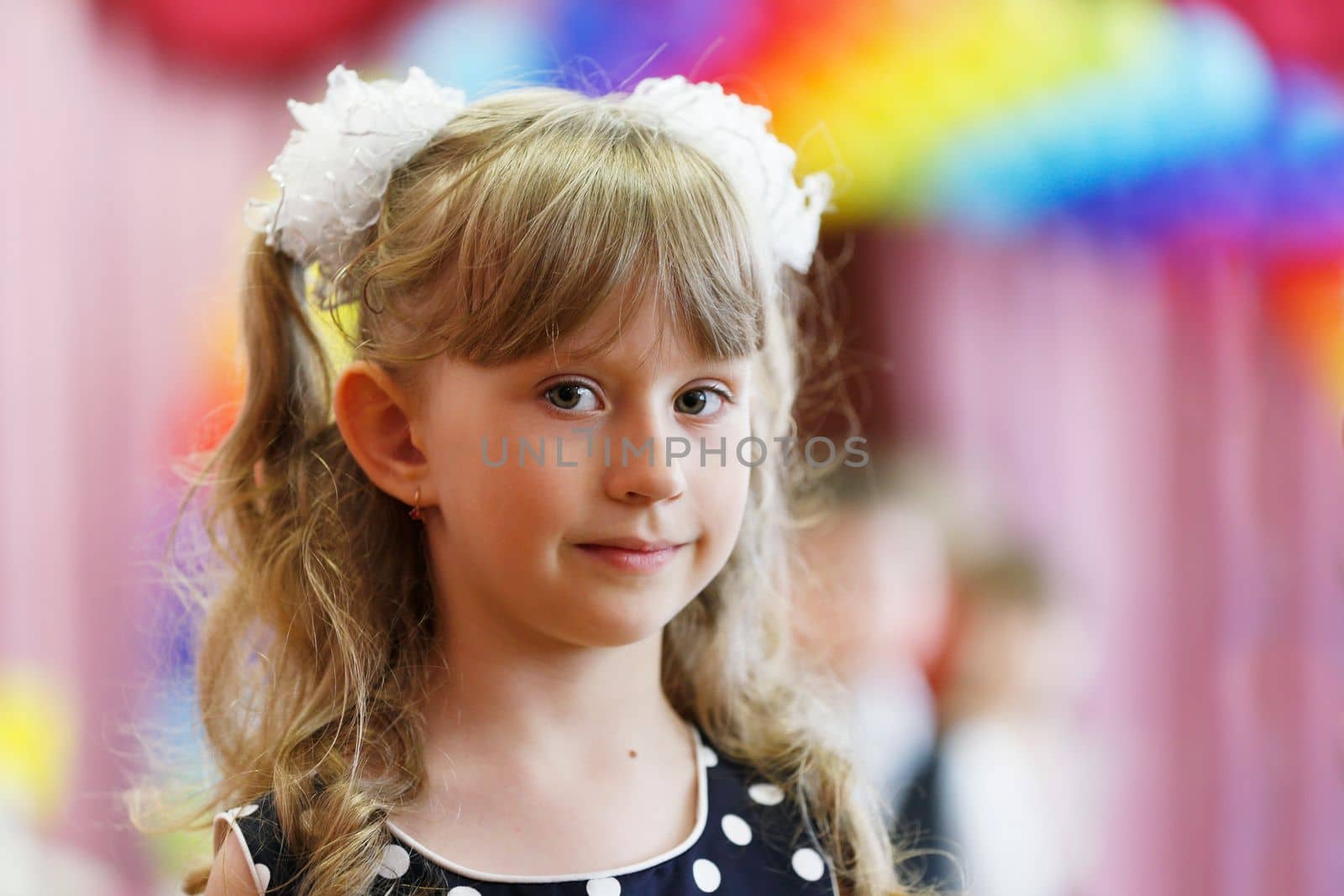 Belarus, city of Gomil, May 16, 2019. Morning in kindergarten.Close-up portrait of a little six-year-old girl.