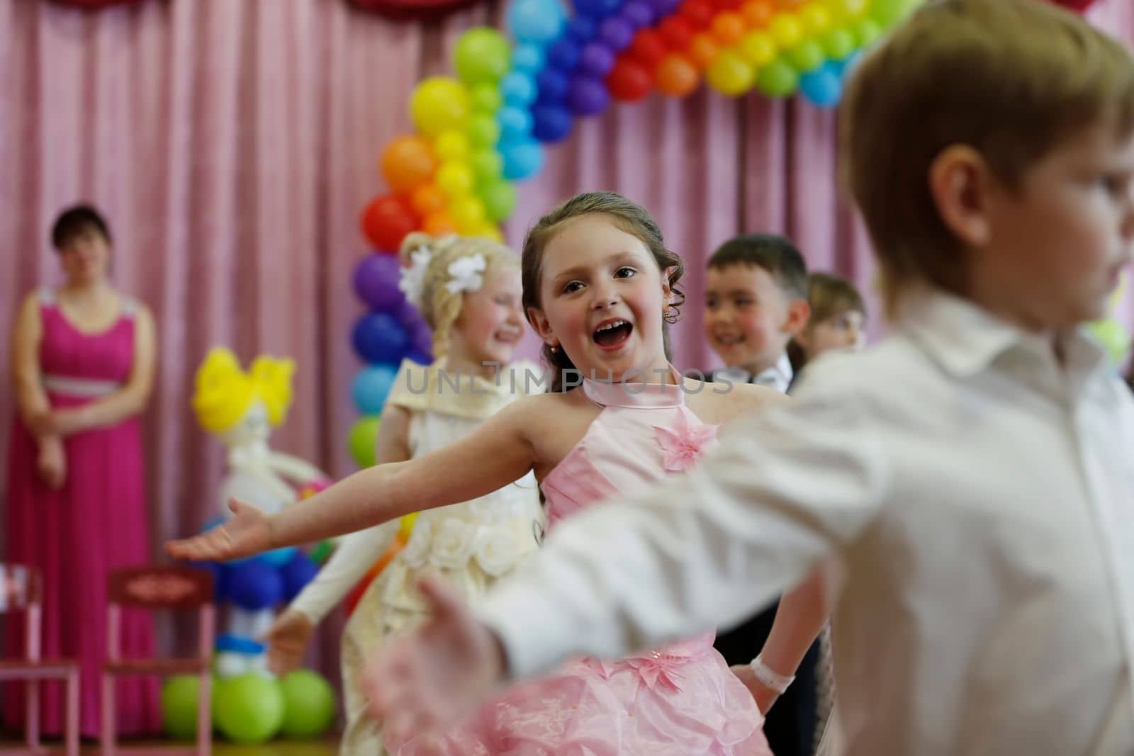 Belarus, city of Gomil, May 16, 2019. Morning in kindergarten.A group of children at a matinee in kindergarten.