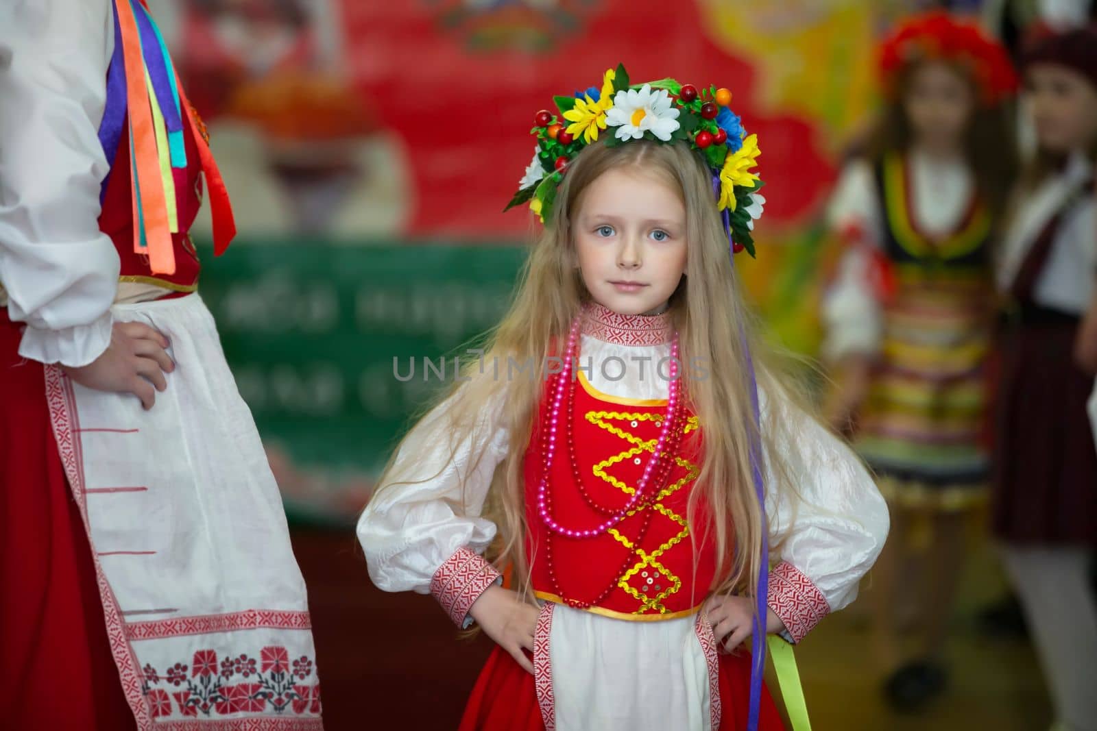 Belarus, the city of Gomil, May 21, 2021. Children's holiday. Ukrainian or Belarusian little girl in national costume. by Sviatlana