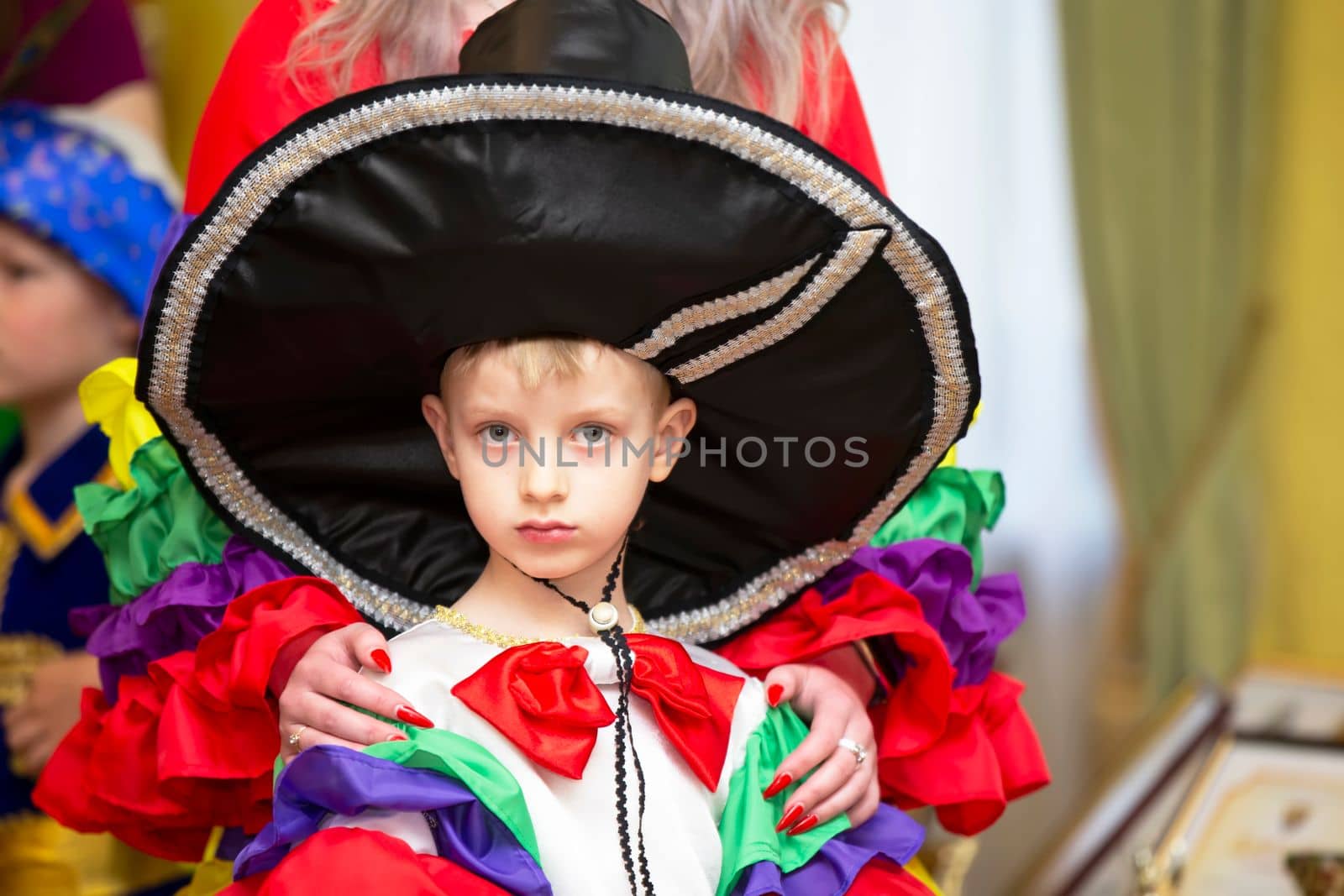Belarus, the city of Gomil, May 21, 2021. Children's holiday. Little boy in Mexican national costume.