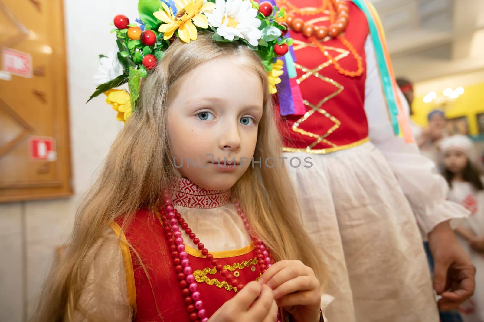 Belarus, the city of Gomil, May 21, 2021. Children's holiday. Ukrainian or Belarusian little girl in national costume.
