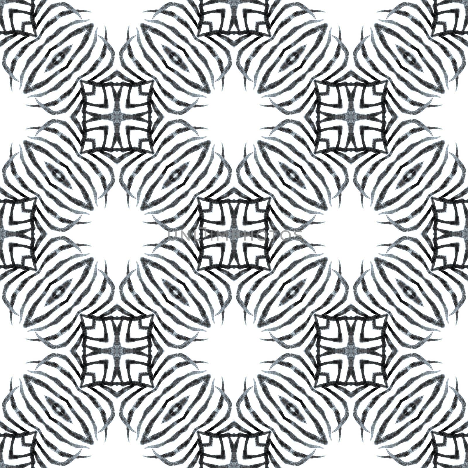 Organic tile. Black and white dramatic boho chic summer design. Trendy organic green border. Textile ready amusing print, swimwear fabric, wallpaper, wrapping.