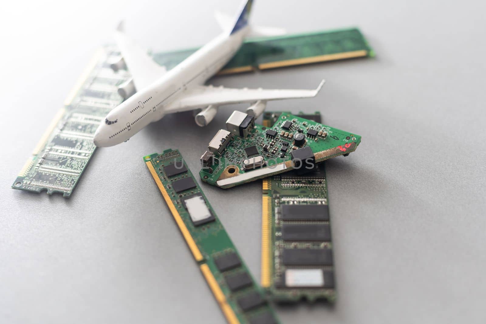 computer chips and a toy airplane.