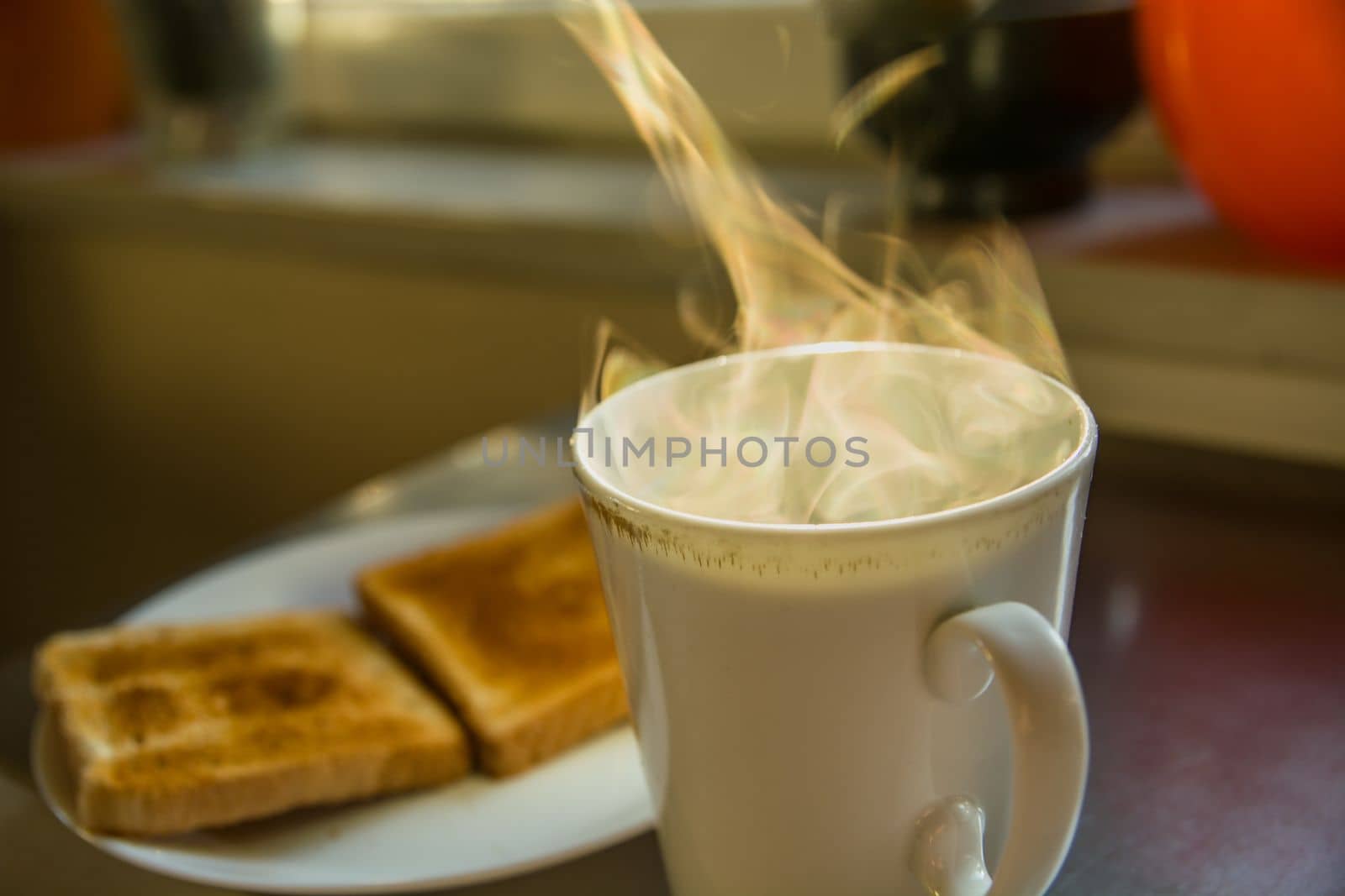 Steam from hot tea and two toasts on a plate, morning view